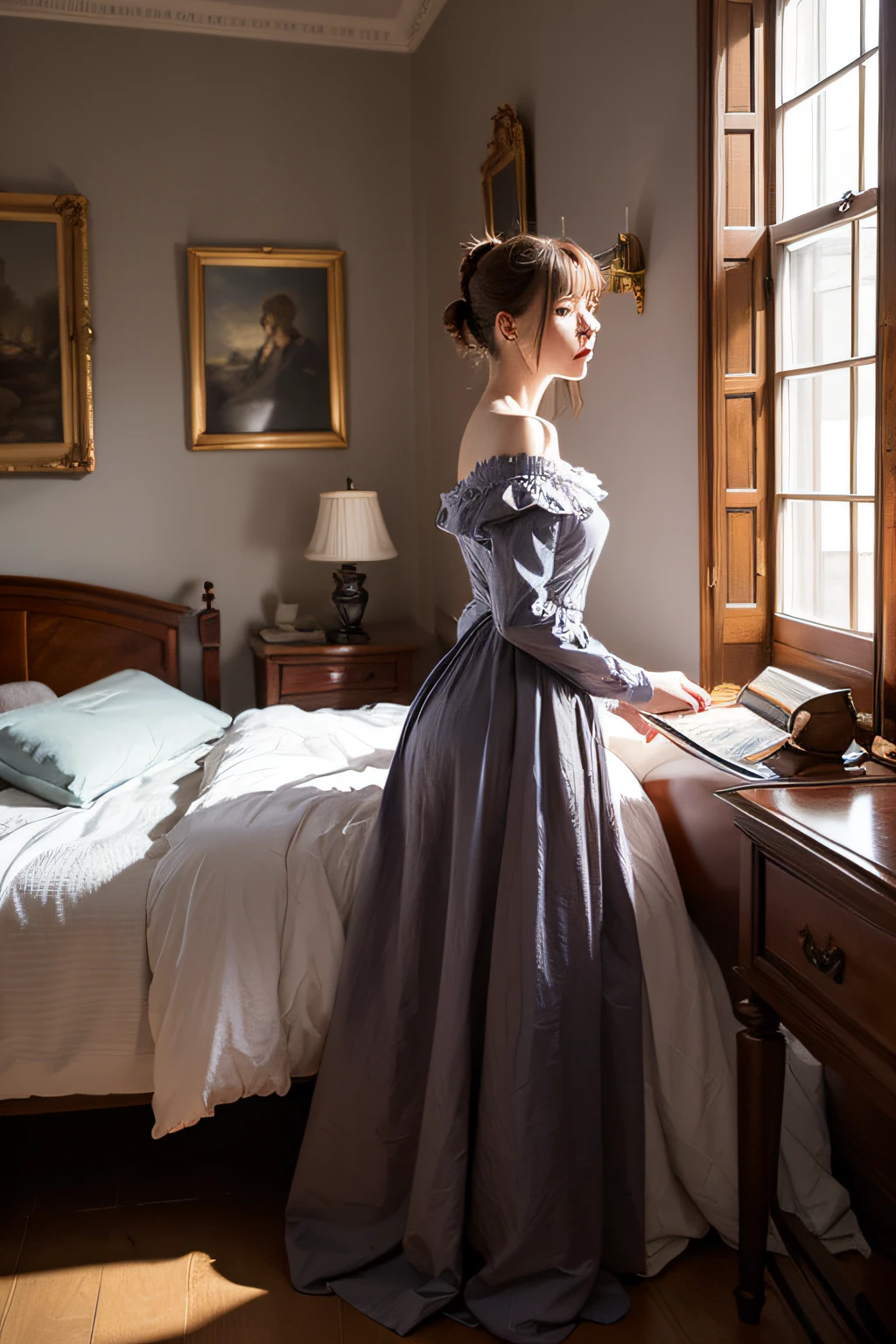 Masterpiece, Best quality, (Very detailed CG unified 8k wallpaper), (Best quality), (Best Illustration), (best shadow), (Stable diffusion model), Violet Evergarden, Victorian style bedroom, Dynamic lighting, Depth of field