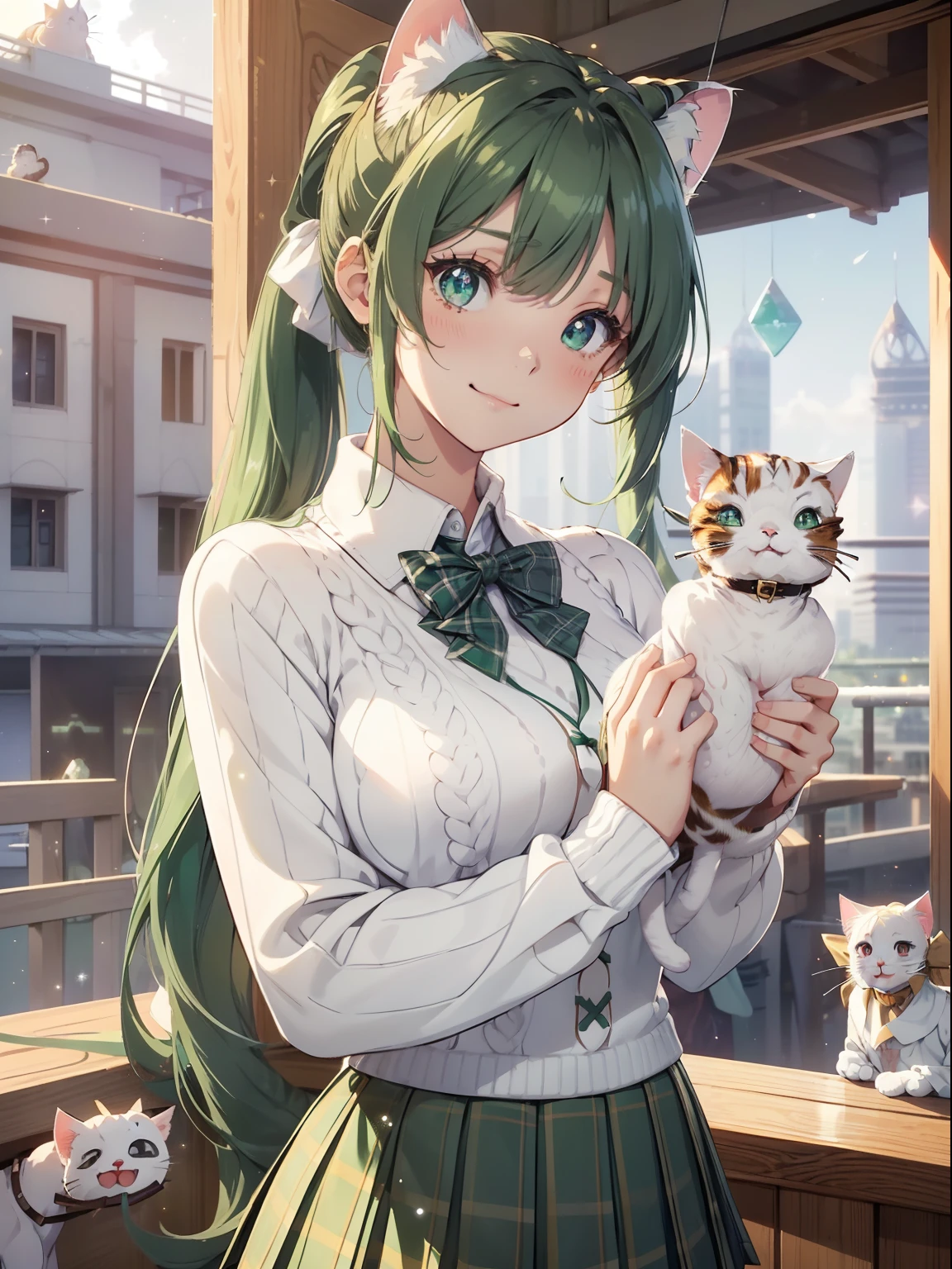 masutepiece, High resolution, 8K, anime woman, Delicate and detailed writing 、Detailed digital illustration、absurdly long hair、(((Ponytail)))、Shiny hair、a very beautiful woman、Eyes are double, Large,Little hanging eyes、 Bust E Cup、High image quality, High quality、Detailed background、、The inside of the eye shines like a diamond、(((Dark green hair)))、Gradient pupil、(((2 arms、4 fingers, 1 thumb)))、Detailed female face、a very beautiful woman、、细致背景、​masterpiece、Soft Focus , Bright gradient watercolor , Lens Flare , (((Glitter))) , Glow , Dreamy ,a miniskirt、Idol、Light Green Ribbon、Very beautiful light green rose hair accessories、Light green and gold costume with white as the main color、((Macroface))、(Cool Girl).Tall lady、Dignified.((No bangs))、Eyes with blue gradient glow、Full smile、(((Face Close-up)、(((Winding check stall))) 、(School Uniforms:1.2), (wearing a white knitted sweater over a white shirt,,,,,,:1.3), (Plaid pleated skirt:1.3),(((Foreign-style cityscape(((1girl,1cat)))1girl,1cat)))