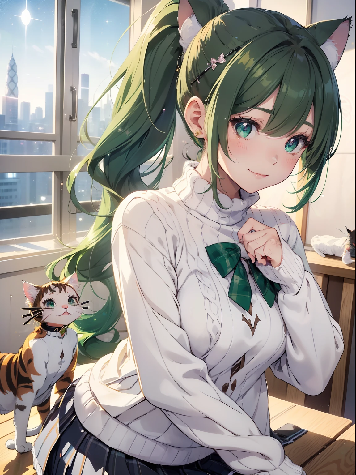 masutepiece, High resolution, 8K, anime woman, Delicate and detailed writing 、Detailed digital illustration、absurdly long hair、(((Ponytail)))、Shiny hair、a very beautiful woman、Eyes are double, Large,Little hanging eyes、 Bust E Cup、High image quality, High quality、Detailed background、、The inside of the eye shines like a diamond、(((Dark green hair)))、Gradient pupil、(((2 arms、4 fingers, 1 thumb)))、Detailed female face、a very beautiful woman、、细致背景、​masterpiece、Soft Focus , Bright gradient watercolor , Lens Flare , (((Glitter))) , Glow , Dreamy ,a miniskirt、Idol、Light Green Ribbon、Very beautiful light green rose hair accessories、Light green and gold costume with white as the main color、((Macroface))、(Cool Girl).Tall lady、Dignified.((No bangs))、Eyes with blue gradient glow、Full smile、(((Face Close-up)、(((Winding check stall))) 、(School Uniforms:1.2), (wearing a white knitted sweater over a white shirt,,,,,,:1.3), (Plaid pleated skirt:1.3),(((Foreign-style cityscape(((1girl,1cat)))1girl,1cat)))