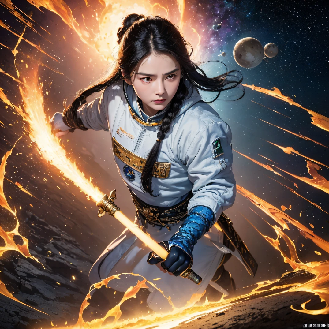 ((ultra real detailed.The astronaut) (Masterpiece, Top quality, Best quality, offcial art, Beauty and aesthetics: 1.2), Very detailed, Colorful, Most detailed, branches, The astronaut, Fallen leaves, fences, Astronauts fly into the fairy world, Chance encounter with Liu Hanshu, He saw in him his former self, It was decided to take him as an apprentice, Teach him how to protect himself, But because of the Tibetan star map, He established relationships with the Liu family and the Jade Sword Sect, It opens with the death of Liu Hanshu, Qin Yu embarked on the road of confrontation with a strong enemy, Working hard, Make yourself stronger, Stick to your own core path of justice, I also want to protect the people I care about, The three astronaut brothers took off, And embarked on a long journey to find a good brother, Qin Yu, Where are Xiao Hei and Hou Fei(dense fog)Climb the streets(Doomsday Stream)eyes filled with angry,He clenched his fists,Rush up,Deliver a fatal blow to your opponent,full bodyesbian,Full Body Male Mage 32K(Masterpiece Canyon Ultra HD)Long flowing black hair,Campsite size,zydink, The wounded lined up in the streets(Mards)The astronaut(canyons), (Linen future spacesuit), Angry fighting stance, looking at the ground, Batik linen bandana, Chinese python pattern long-sleeved garment, Astronaut Canyon(Abstract propylene splash:1.2), Dark clouds lightning background,Sprinkle with gold dust(realisticlying:1.4),Black color hair,Flour fluttering,rainbow background, A high resolution, the detail, RAW photogr, Sharp Re, Nikon D850 Film Stock Photo by Jefferies Lee 4 Kodak Portra 400 Camera F1.6 shots, Rich colors, ultra-realistic vivid textures, Dramatic lighting, Unreal Engine Art Station Trend, cinestir 800,Flowing black hair,(((Mards)))The wounded lined up in the streets(The astronaut)The astronaut,Movie master real-time image quality