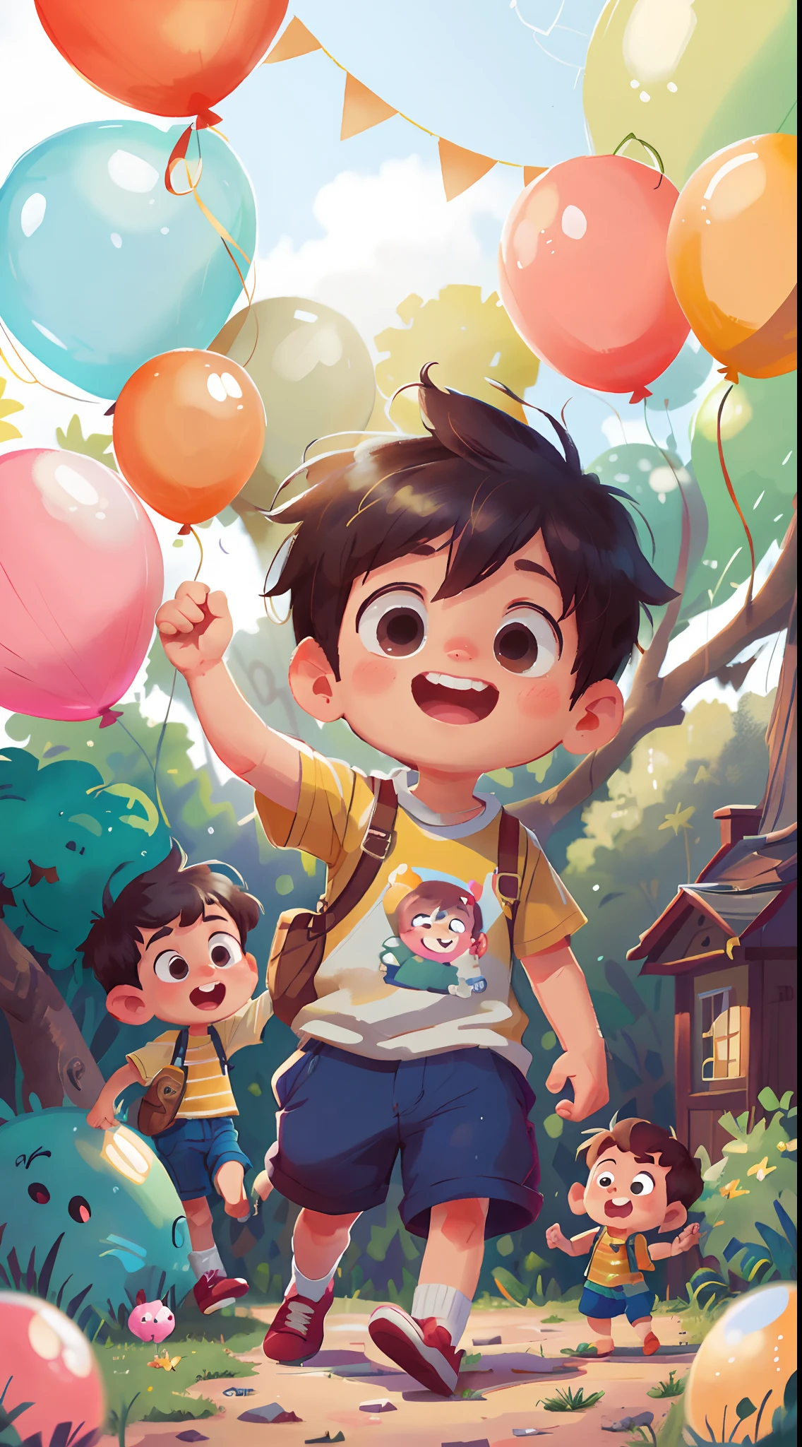 A boy, zoo, many balloons, happy, happy, perfect quality, clear focus (clutter - home: 0.8), (masterpiece: 1.2) (realistic: 1.2) (bokeh) (best quality) (detailed skin: 1.3) (complex details) (8K) (detail eyes) (sharp focus), (happy) full body, two children, clean background, long view composition, 85MM SHOT