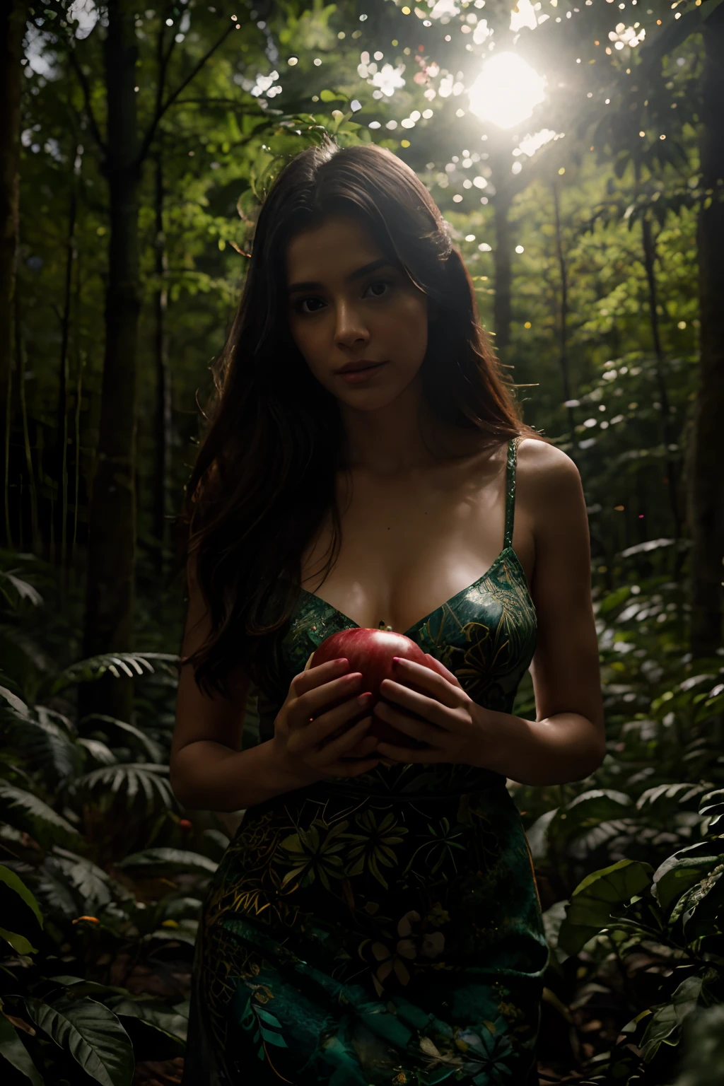 Woman goddess holding an apple in the middle of the forest, luz sombria e escura, floresta densa e obscura, Dramatic low-light photo, mulher com vestido de folhas