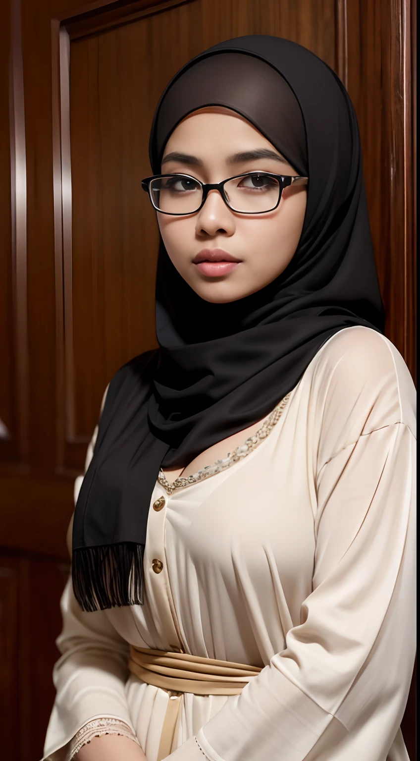 naughty, (iu:0.8),cleavage, RAW, Best quality, high resolution, Masterpiece: 1.3, Beautiful glasses pearl_skinned sexy hijabi javanese dressed as naughty_nun, Masterpiece, Soft smile