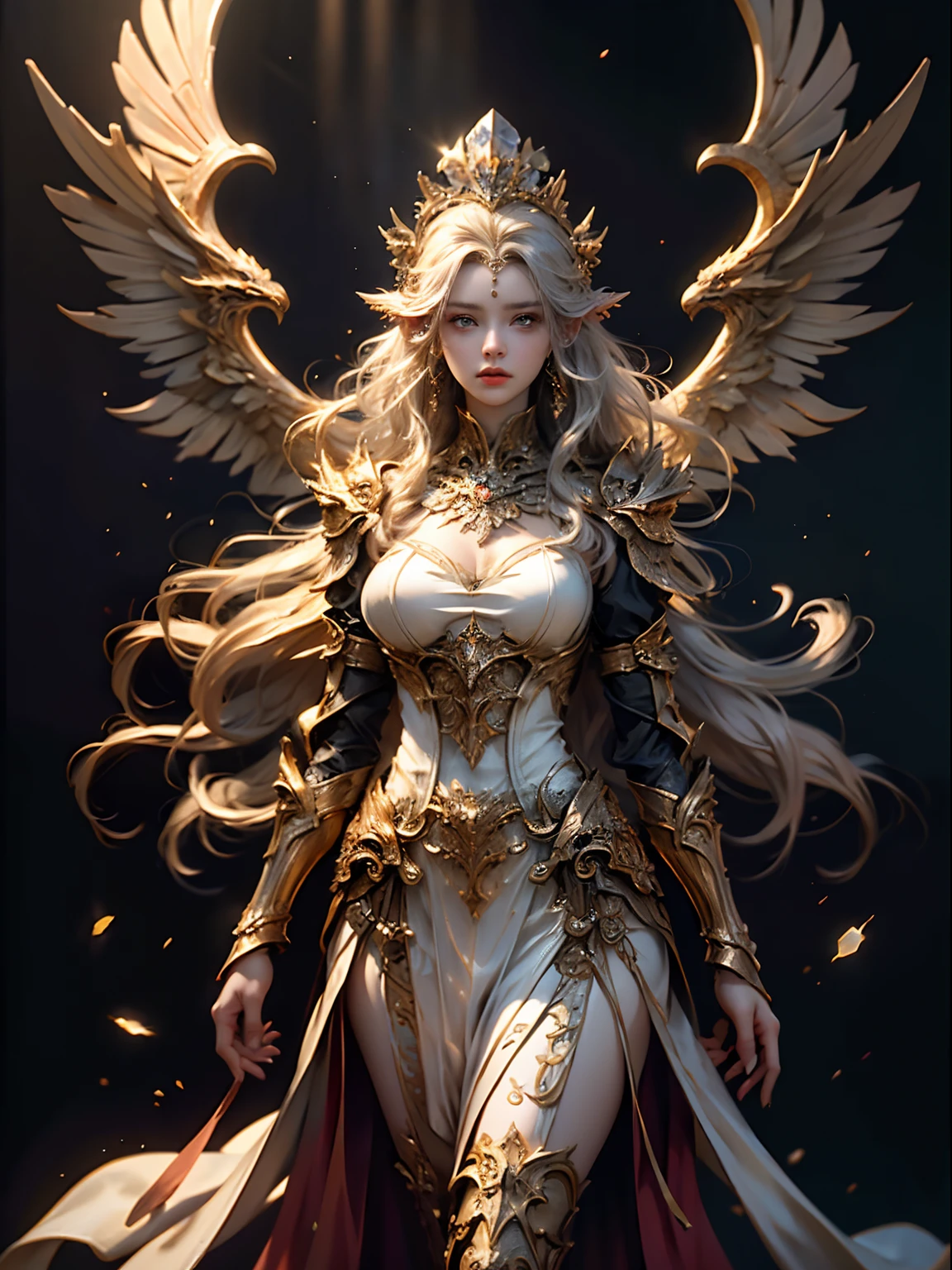 Elven woman in a golden transparent dress,Ver o visualizador,(((Seios enormes, clivagem grande))),cintura fina,(umbigo baring,cintura nua), Elven girl in shining armor, Bela armadura de ouro e prata, extremamente detalhado, Tiara e joias requintadas, cabelos longos e disformes, ultra-detalhado, Zhenyi Station, Local da tempestade, arte de fantasia detalhada, arte de personagem impressionante, Arte de personagem bonita e requintada, filigrana de joias de cristal, milky ways, visuais deslumbrantes, (dynamic streaks, trilhas leves:1.2), cores vibrantes, Cinematic lighting.