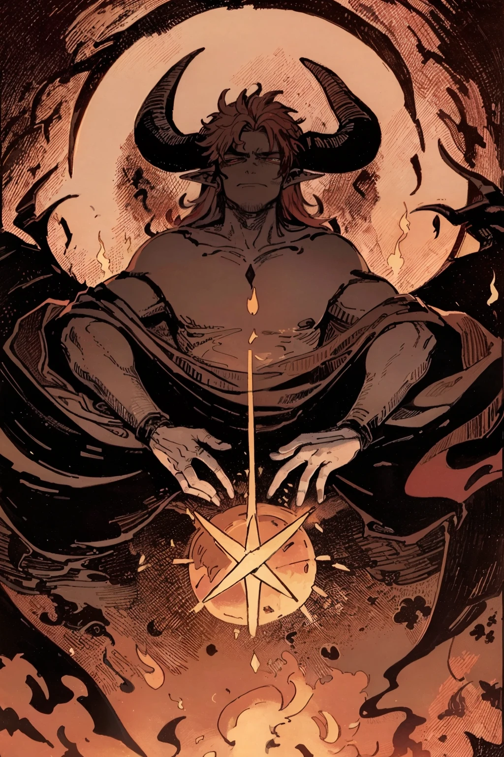 tarot card, the devil,(fire in the background), horns on his head, holding fire in his palm, (desaturated colors)
