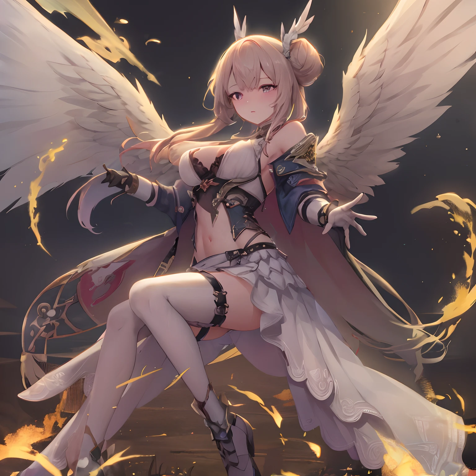 Future Girl, Dark skin, a purple eye, spaces, Purple hair, Blue hair, Pink hair, Long hair, Dark skin, Futuristic Coffee Shop Girl 1, spreading her wings, wearing a coat of white feathers,,,,,, Wings full of the back, Radiant Hello, long hair flowing, Mechanical wings dancing delicately at the waist, Medium Figure, Sunken navel, curtains of white feathers on the pelvis move slightly,,,,,, Mini wings scattered on the body, multiple wings with a yellow sheen,,,,, Soft yellow fire between the wings.((16 K,Ultra Definition、The highest masterpiece,Best Quality)), maxiskit, dress conservatively 1 girl, 独奏, Full body, wide shoot, Graceful standing, holding sword down, White hair, Long hair, valkyrie, armor, Angel, White bra, side bun, from the front side, extra size body, Night, mont, look at viewr((Super best quality)), ((A very masterpiece)), ((super detailing:1.4)), ((hyper realistic lifelike 3d)), Dragon Warrior Girl, Mechanical body, Dynamic action poses in battle scenes, Mechanical weapons of very complex and heavy fighters, Off-the-shoulder fashion that blends dense and complex steampunk with dense gothic lolita, Complex steampunk headgear, very thin long legs, Mechanical boots above the knee, Fluttering lace flared mini skirt, beautiful small breasts directed upwards,Somewhat long, Vertical curly silver hair fluttering in the wind,Countless shining large spheres flying around,Many sparks cross and fly,Countless neon signs rained down from magic-evoking gestures,Steampunk Factory,Complex and precise mechanical ruins,Very dark night background,Very dramatic and cinematic lighting。