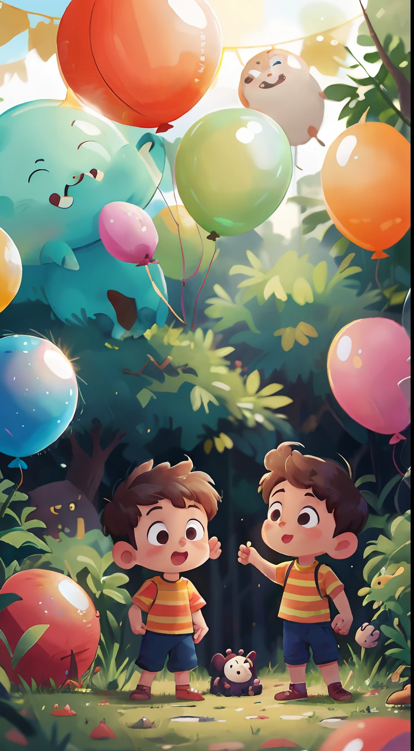 A boy, zoo, many balloons, happy, happy, perfect quality, clear focus (clutter - home: 0.8), (masterpiece: 1.2) (realistic: 1.2) (bokeh) (best quality) (detailed skin: 1.3) (complex details) (8K) (detail eyes) (sharp focus), (happy) full body, two children, clean background, long view composition, 85MM SHOT
