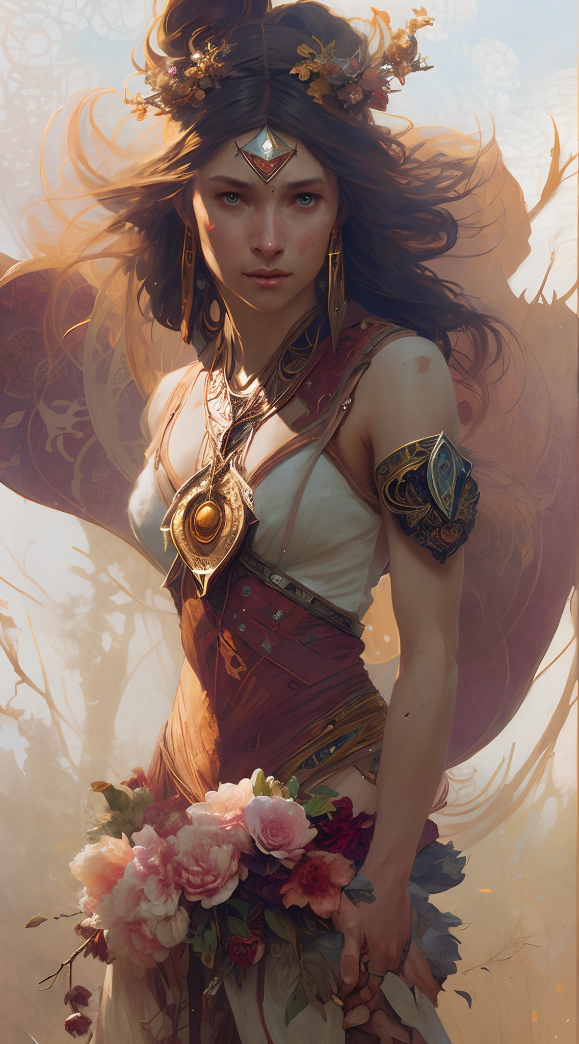 DND character, barbarian, human, women, brown hair long and messy, strong. With a wolf pet (symmetry: 1.1) (floral portrait: 1.05) a mulatto woman as a FAIRY OF THE FOREST, (assassins creed style: 0.8), pink and gold and opal color scheme, beautiful and intricate filegrid face painting, intricate, elegant, highly detailed, digital painting, art station, concept art, smooth, sharp focus, illustration, art by Greg Rutkowski and Alphonse Mucha, 8K