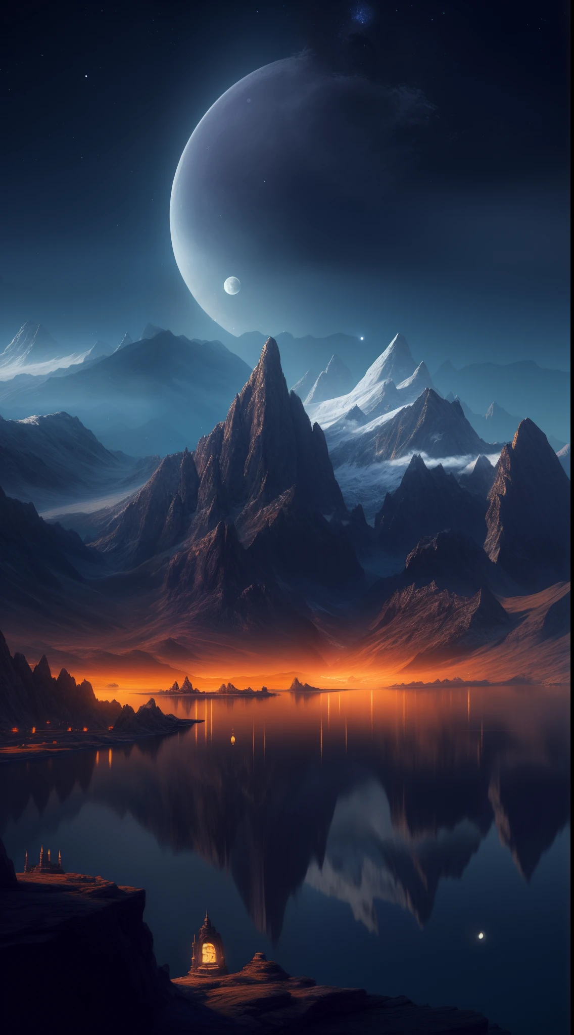 mountains and a lake with a moon in the sky, 4k highly detailed digital art, 4 k hd wallpaper very detailed, impressive fantasy landscape, sci-fi fantasy desktop wallpaper, unreal engine 4k wallpaper, 4k detailed digital art, sci-fi fantasy wallpaper, epic dreamlike fantasy landscape, 4k hd matte digital painting, 8k hd wallpaper digital art