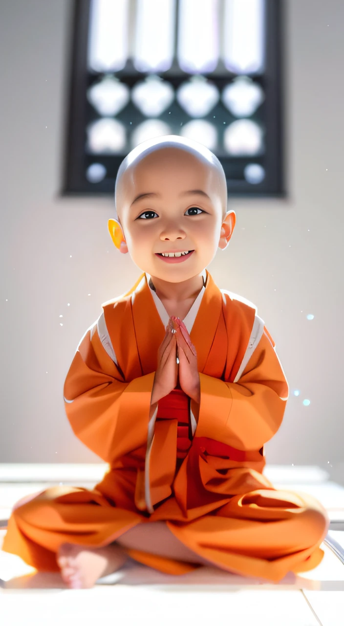 Smile with wide eyes,Close-up of a sitting on the floor in a monk's robe, lovely digital painting, monk clothes, Avatar Aang, he is greeting you warmly, Buddhists, aang, yanjun cheng, concept art of a monk, monk, wojtek fus, buddhist monk, Beautiful avatar image, Yan, Littlin nun clothes, author:Yu Zheding