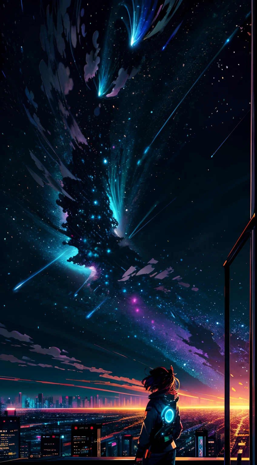 ((Nighttime psychedelic shooting star Sky))、Anime girl looking at big city landscape, futuristic cyber City、 makoto shinkai cyril rolando, anime art wallpaper 8K, anime art wallpaper 8K, Anime art wallpaper 8K, inspired by Cyril Rolando, in the style dan mumford artwork, amazing wallpapers, by Yuumei