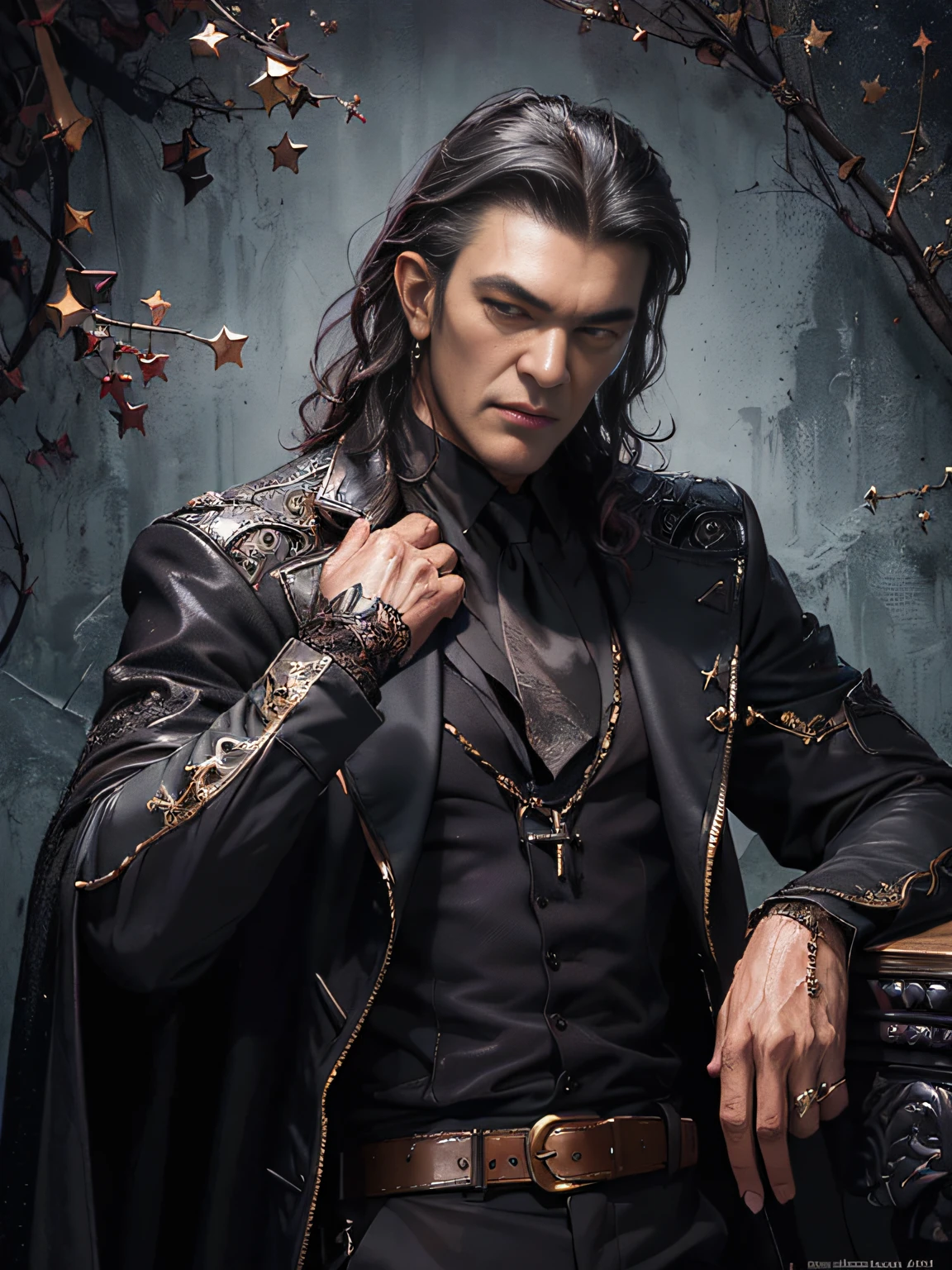 (masterpiece、top-quality、top-quality、Detailed and complex、official art、aesthetically pleasing:1.3)、(1 blackhaired male Antonio Banderas vampire dark skin in:1.3)、(looks like antonio banderas) (realistic art:1.3)、black coat, white shirt, gold accessories, gothic castle background. Moon and stars background