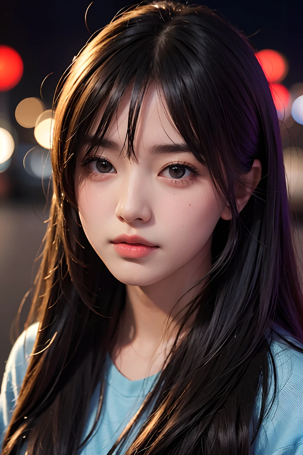 1girl, Tokyo street,night, cityscape,city lights, upper body,close-up, 8k, RAW photo, best quality, masterpiece,realistic, photo-realistic,