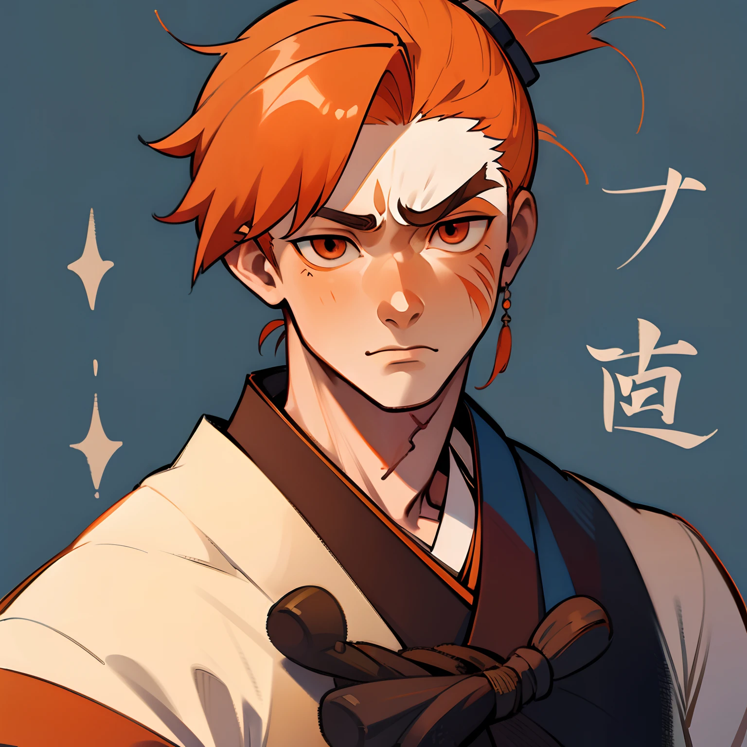 1boy, ((solo)), kimono, ((japanese clothes)), orange hair ponytail, serious face expression, scars on the face, ((strong body))