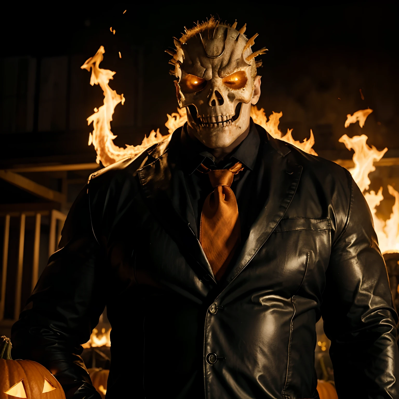 Ghost rider , muscled with huge pecs , hugge torso , huge arms , with a pumpkin on his head like halloween with fire , in suit with a tie ans spikes