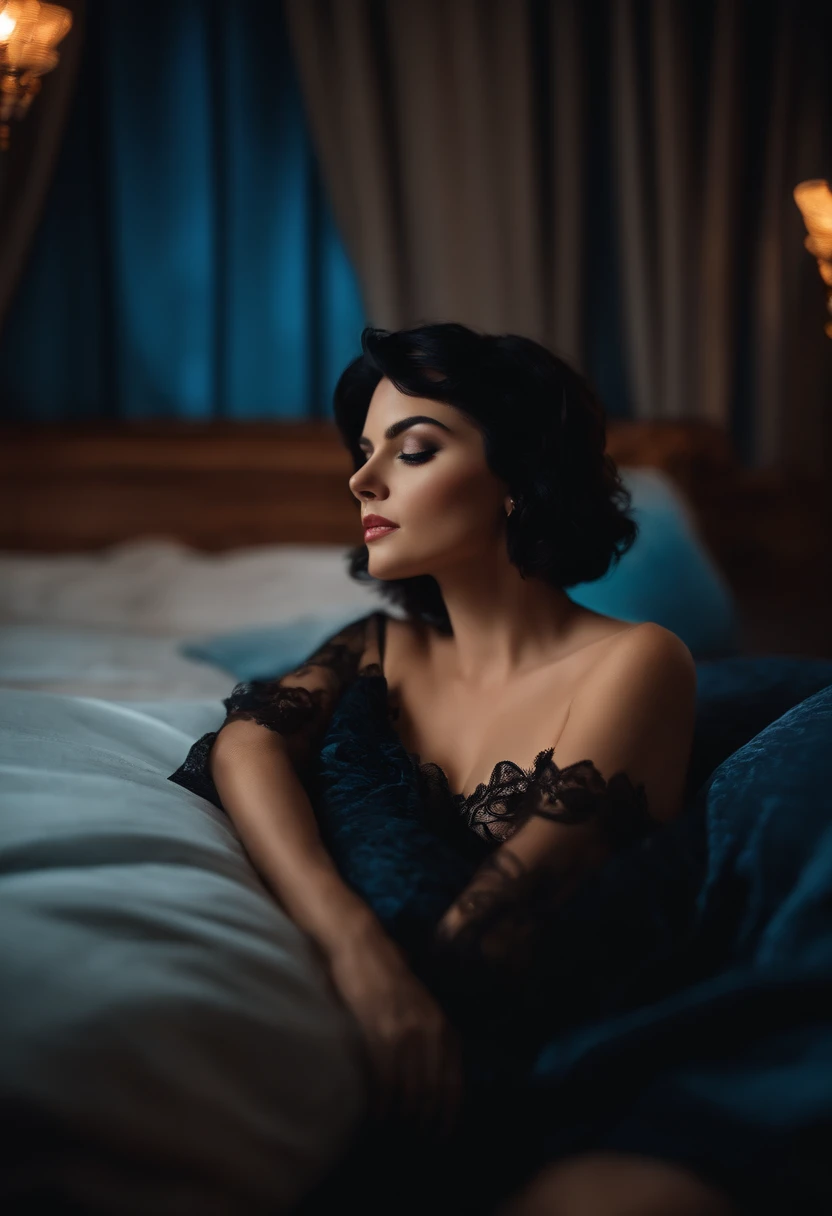 Genera una mujer,desnuda,piel blanca,cabello negro, con sintura,cuerpo atletico,busto grande, posando en su cama,con realismo , tomadas por una camara profesional.