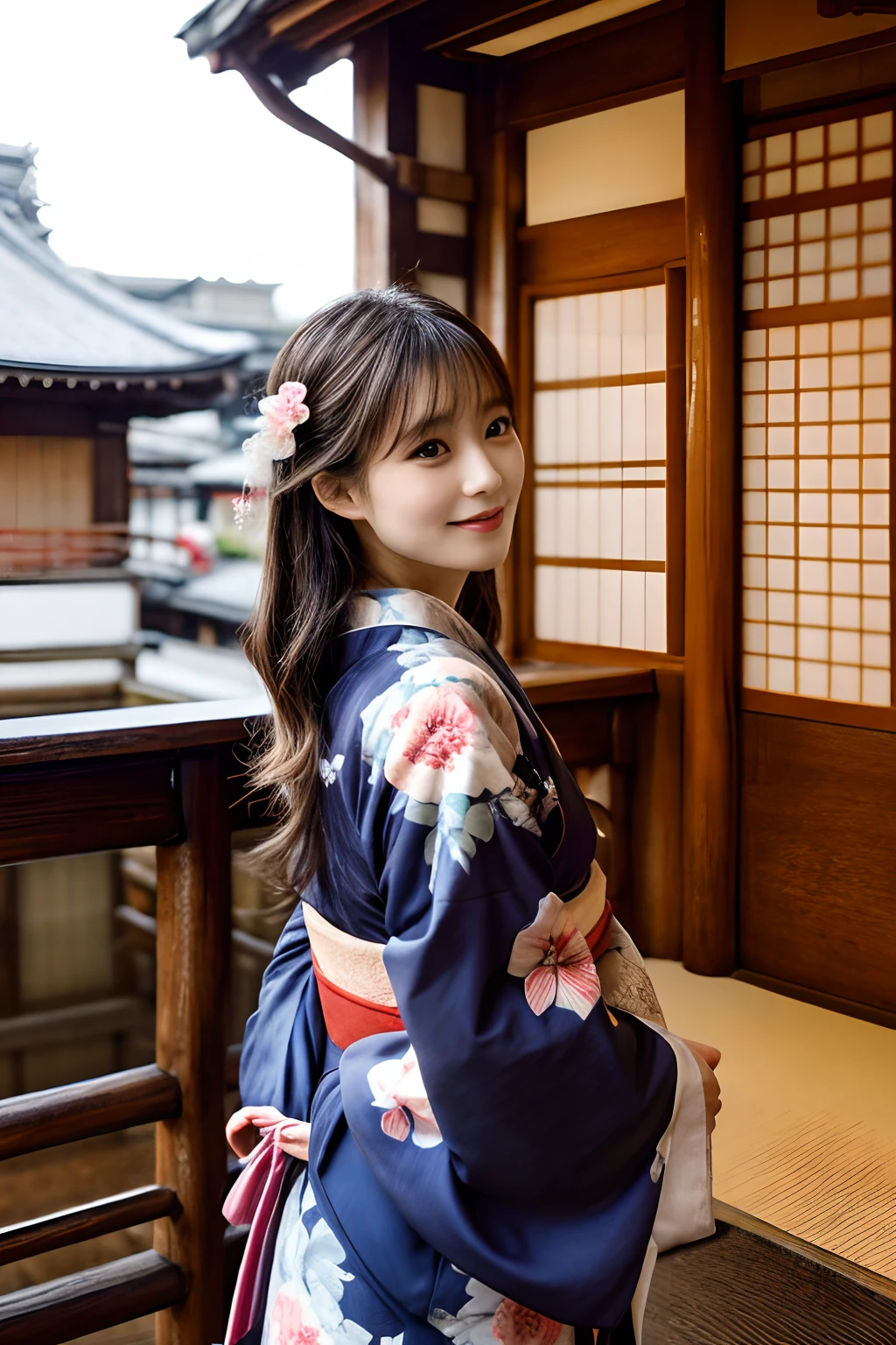 masterpiece、4K、top-quality、beautiful japanese female、detail portrayal、1 girl in、elegant、28 year old、(Kimono:1.1)、happy、kyoto、cowboy shot、turned around