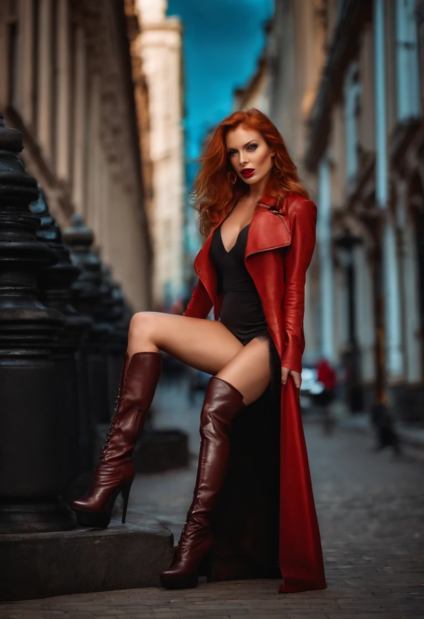 crazy Caucasian redhead model, lusty eyes, erotic body, leather boots, city street, model pose, sexy, big boobs,