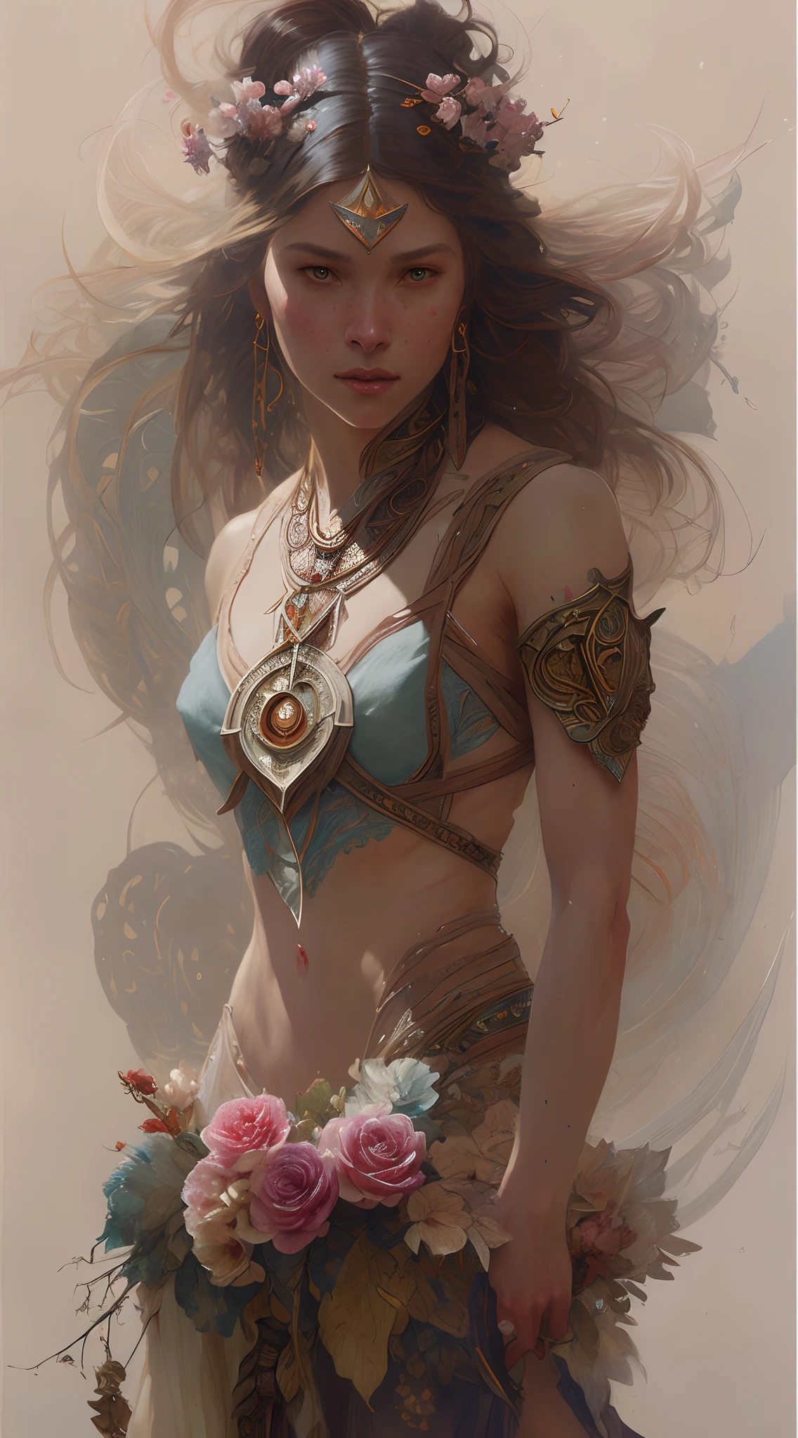 DND character, barbarian, human, women, brown hair long and messy, strong. With a wolf pet (symmetry: 1.1) (floral portrait: 1.05) a mulatto woman as a FAIRY OF THE FOREST, (assassins creed style: 0.8), pink and gold and opal color scheme, beautiful and intricate filegrid face painting, intricate, elegant, highly detailed, digital painting, art station, concept art, smooth, sharp focus, illustration, art by Greg Rutkowski and Alphonse Mucha, 8K