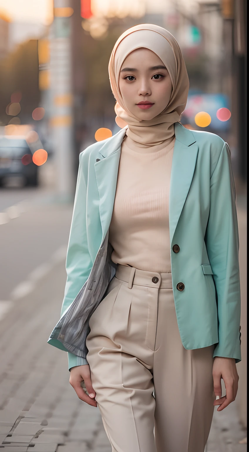 Malay girl in hijab and wear Half Button Rib Knit Tee with pastel color jacket and High Waist Plicated Detail Suit Pants, walking in city street, catwalk, confident walk, windy, elegance, front view, detail skin, detail skin texture, beautiful malay face, pastel color outfit, small breast, wide hip, wide waist, thick thighs, slim abs, beautiful body, evening, sunset, sun light enhance dramatic mood, arrogant smile, professional cinematic lighting, blur background, bokeh, realistic, ultra detail, high quality,