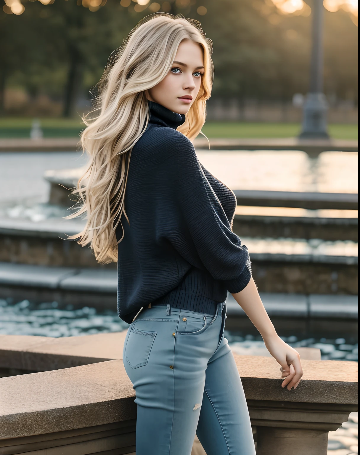 1girl in, 19, Solo, Long wavy blond hair, messy wind blown hair, blondehair, (dark blue eyes), Colossal tits, full body shot, (textured skin, skin pores:1.1), imperfect skin, goosebumps, in a city park, stone bench, fountain, ((brown leather jackte:1.2)), (grey turtle neck), (dark blue jeans), (extremely detailed 8k wallpaper), soft lighting, high quality, film grain, Fujifilm XT3 sharp focus, f 2.6, 135mm, High Detail, Sharp focus,(natural light), (seductive), Realistic, ultra realistic, photo realistic, crazy details, complex details, hyper detailed