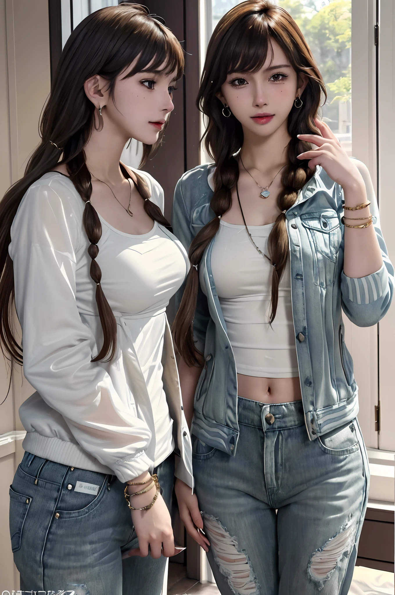 (Masterpiece, Best quality), (photograph realistic), (intricately details, Detailed face), hdr, 2girls,duo,leering:1.4,Dynamic pose, Beautiful girl
Front view, Look at the camera,
Light smile,
Variety of hairstyles,
(Variety of styles Jacket print, Variety of styles Home, A wide variety of pants),
Various earrings,
Various necklaces,
Various bracelets,