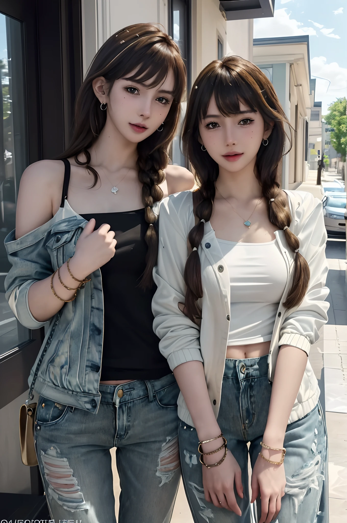 (Masterpiece, Best quality), (photograph realistic), (intricately details, Detailed face), hdr, 2girls,duo,leering:1.4,Dynamic pose, Beautiful girl
Front view, Look at the camera,
Light smile,
Variety of hairstyles,
(Variety of styles Jacket print, Variety of styles Home, A wide variety of pants),
Various earrings,
Various necklaces,
Various bracelets,