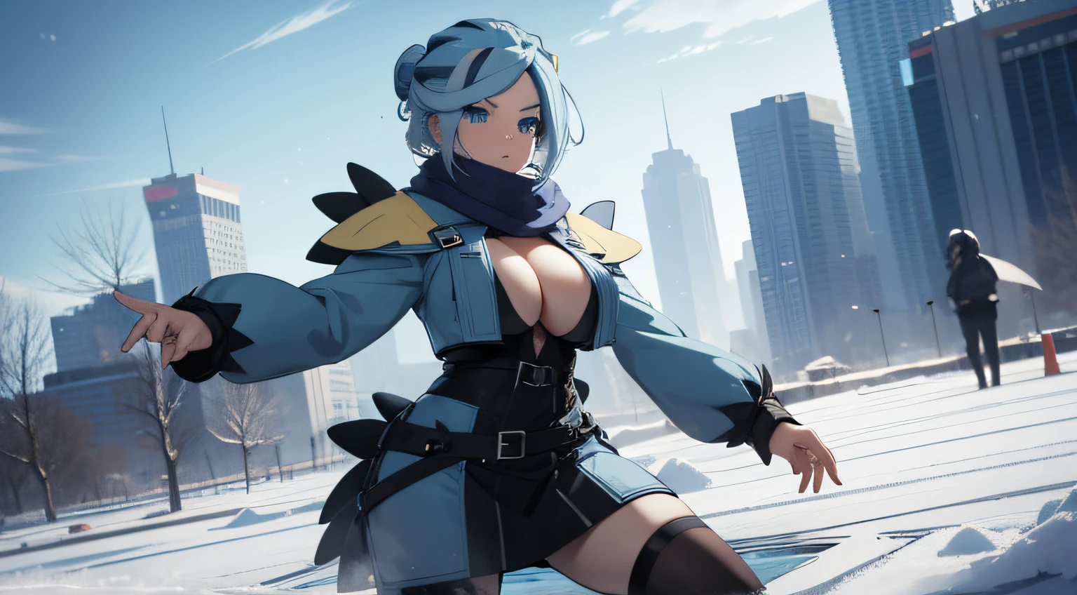(masterpiece), solo, complete body view, best quality, expressive eyes, perfect face, perfect hands, full body, adult, mature, fierce stance, Grusha from Pokemon, light blue Hair, big boobs, winter clothes, battle pose