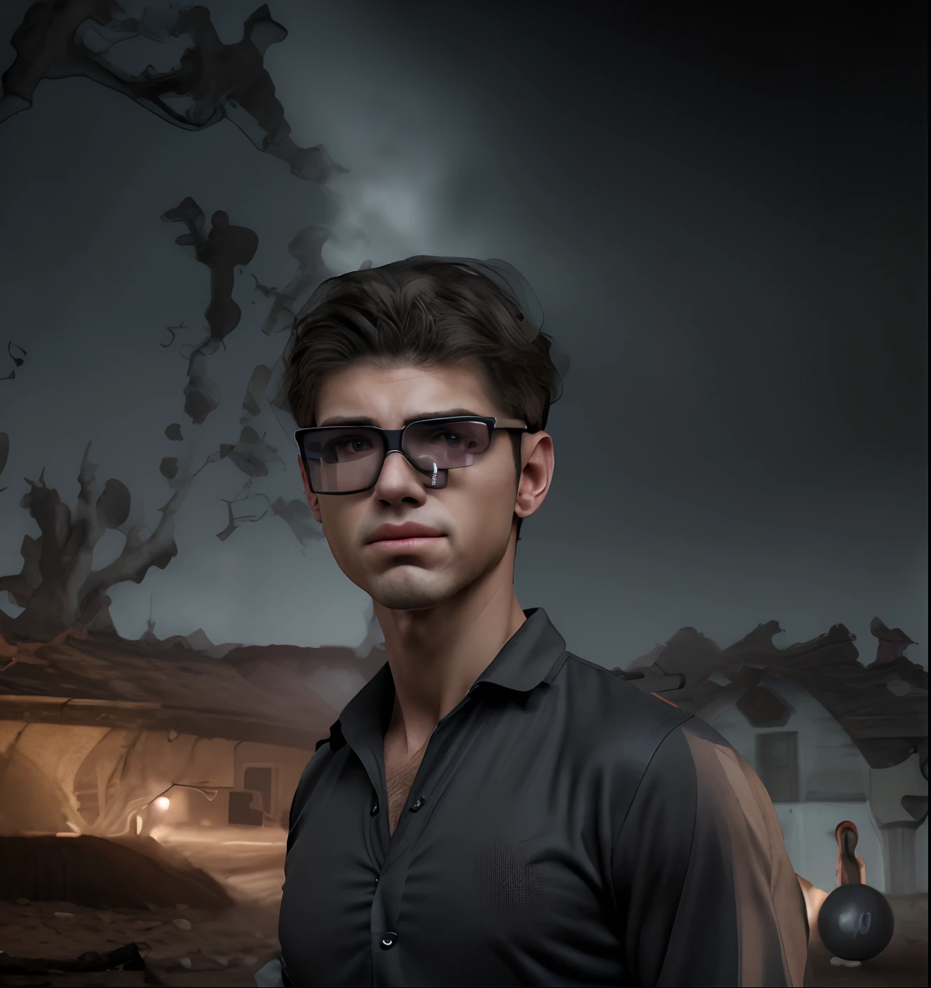 Change background to horror background realistic face change dress to 8k ultra realistic handsome boy fitness