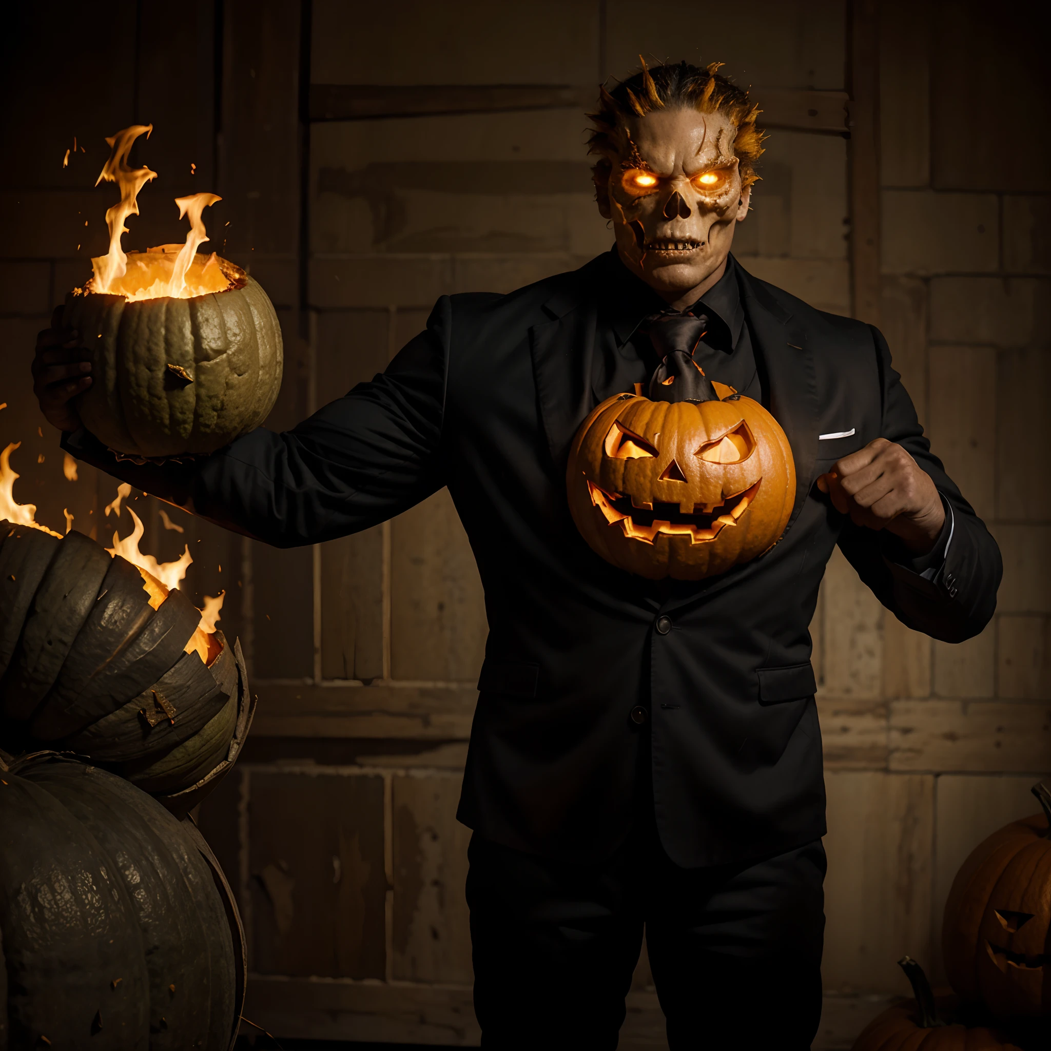 Ghost rider , muscled with huge pecs , hugge torso , huge arms , with a pumpkin on his head like halloween with fire , in suit with a tie ans spikes , full body