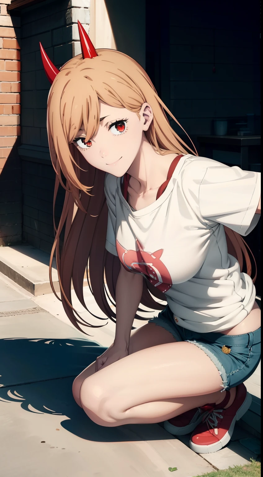 blue sweatshirt, ultra sharp image, Beautiful figure, Beautiful little breasts, sexypose, Brandishing a large red hammer, ultra detail face, Ultra Transparent, Chainsaw Man Energy, Two red sharp horns on the head, ultra sharp image, Ultra Beautiful, Beautiful little breasts. blonde woman, Beautiful figure, taut clothes, T-shirt with the image of a cat, jean shorts, Shoes, Smiling, red-eyes, Red crosses and circles instead of pupils, handsome body, Beautiful little breasts, sexy clothes, Beautiful eyes, very detailed eyes, Very detailed face, handsome body, Cherecter Desing, Sex position, Very detailed, Detailed body, Detailed hands, Detailed, Vibrants, Detailed Face, sharp-focus, WLOP, artgerm, anime art, Vibrants, Detailed Face, Hugh Details, sharp-focus, Very drooping face, A detailed eye, super fine illustration, better shadow, finely detail, Beautiful detail