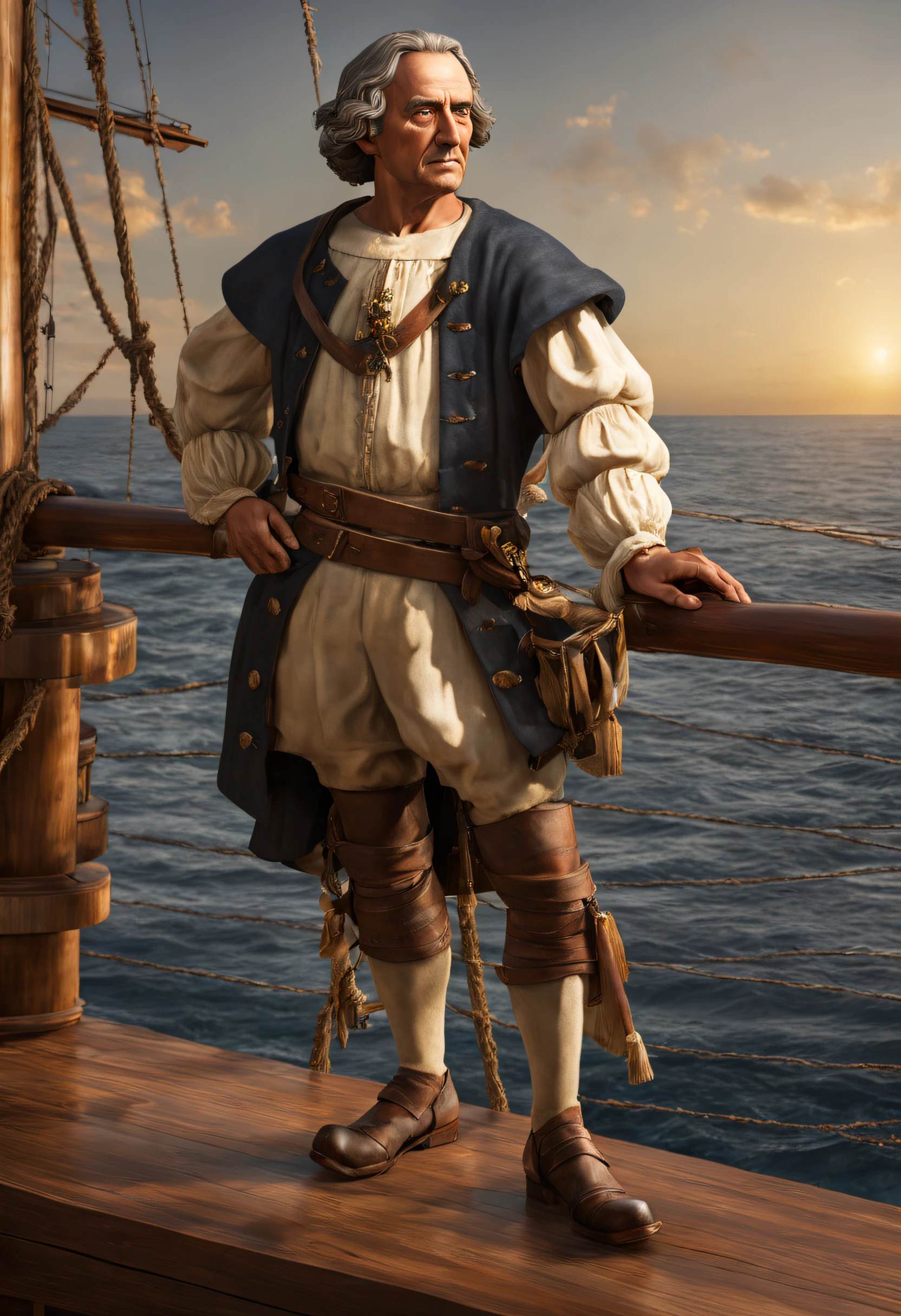 Certainly, here's a photorealistic prompt for Christopher Columbus:

"Create a photorealistic depiction of Christopher Columbus, capturing every intricate detail of the explorer's face, attire, and surroundings. Christopher Columbus stands on the weathered deck of the Santa Maria, bathed in the soft, golden light of the setting sun. His rugged, sun-kissed skin shows the wear and tear of his countless adventures, and his eyes reveal a mix of determination and anticipation. The ship's timbers and rigging display the patina of age, emphasizing the historical authenticity of the scene. Every thread in Columbus's clothing and every texture in the ship's woodwork should be meticulously rendered to transport viewers to the very moment of discovery."