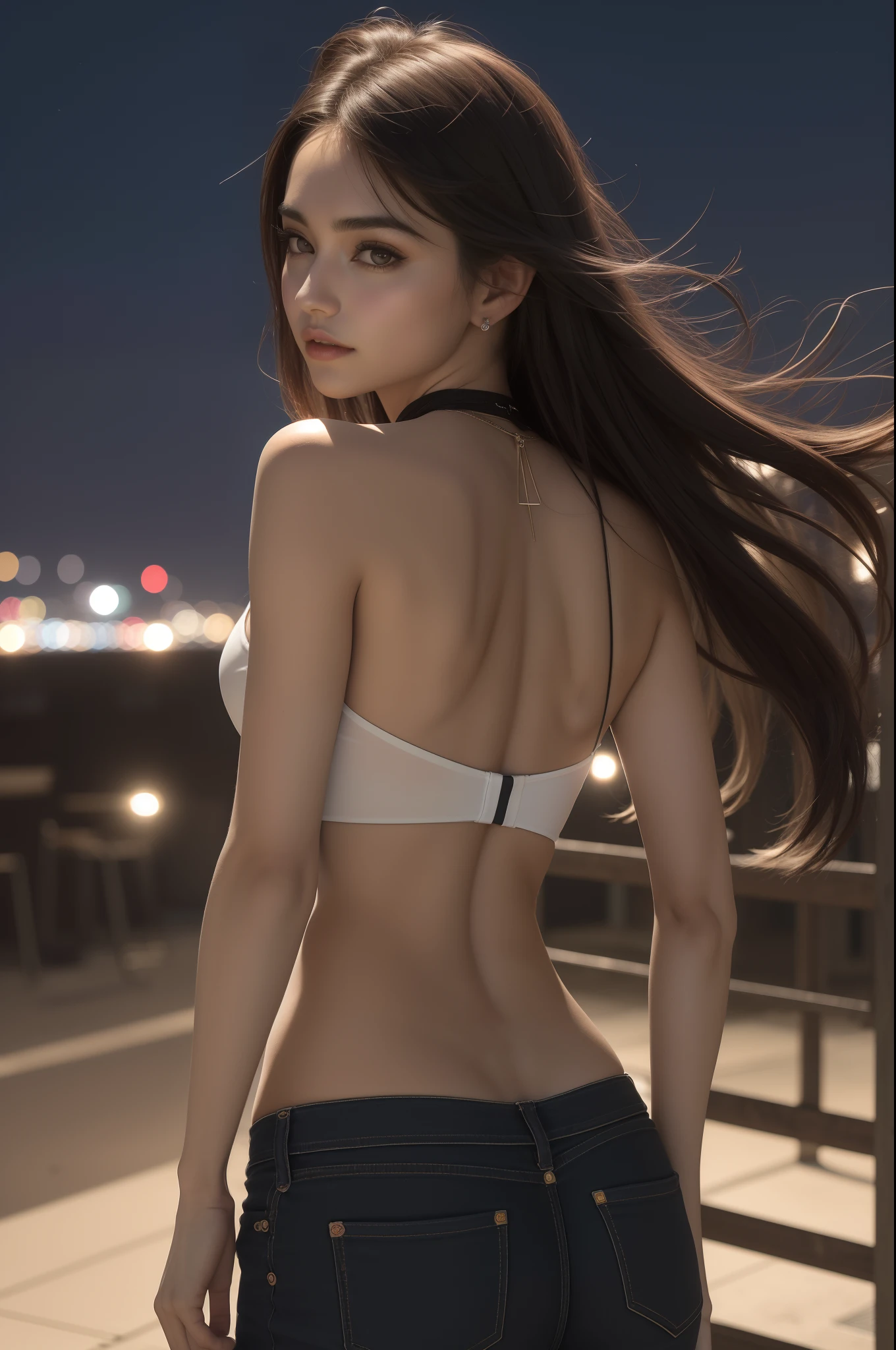 8k, Obra maestra, Foto RAW, La mejor calidad, detalle:1.2), foto realista, Fondos de pantalla CG unificados 8k extremadamente detallados, Profundidad de campo, cinematic light, Destello de lente, Trazado de rayos, (cara extremadamente hermosa, labios hermosos, Hermosos ojos), Cara de detalle intrincado, ((Piel ultra detallada)) 1girll, A oscuras, sombra profunda, Bonita chica coreana, Kpop idol, (Cuerpo musculoso muy delgado y delgado:1.3), ((Ver el visor)), (gran sonrisa), (Noche de la ciudad, (Neon light sign), (Noche), Bonita chica coreana, Pendientes, brazalete, pulsera de tobillo, collar, sin pantaletas, ojos claros, Mira a los espectadores, (Pale skin), (ojos grandes), (Disparos mitad cuerpo) (Cuerpo Completo de Pie), De Pie Parada, (De Pie), Mini vestido de seda negro, Go back, (Tiro trasero), Enfoque de trasero, (Tiro trasero), (Focus on the butt). Disparo trasero