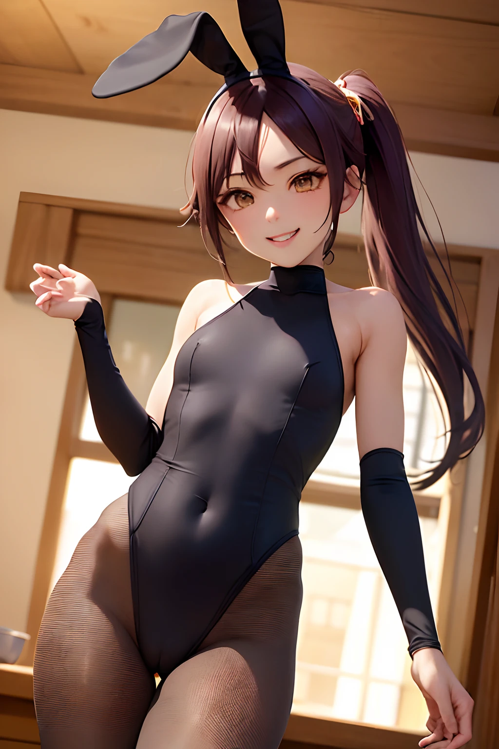 (​masterpiece、top-quality:1.2)、cowboy  shot、独奏、1girll、Shihoin Yoruichi、A smile、see the beholder、long pony tail、((bunnygirl))、(Leotard)、(pantyhose)、Brown-skinned、Provoking poses