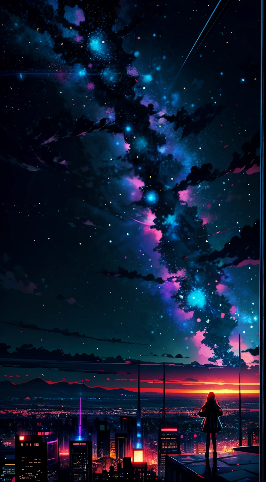 ((Nighttime psychedelic shooting star Sky))、Anime girl looking at big city landscape, futuristic cyber City、 makoto shinkai cyril rolando, anime art wallpaper 8K, anime art wallpaper 8K, Anime art wallpaper 8K, inspired by Cyril Rolando, in the style dan mumford artwork, amazing wallpapers, by Yuumei