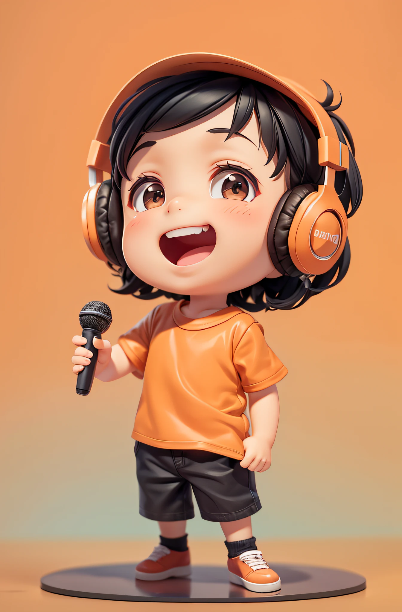 a cute , 1 boy singing, Wear an orange shirt, Brown dress, Black hair, Black eyes, Delicate eyes, Happy smile, There are headphones, Clean background, Delicate gloss, 8K