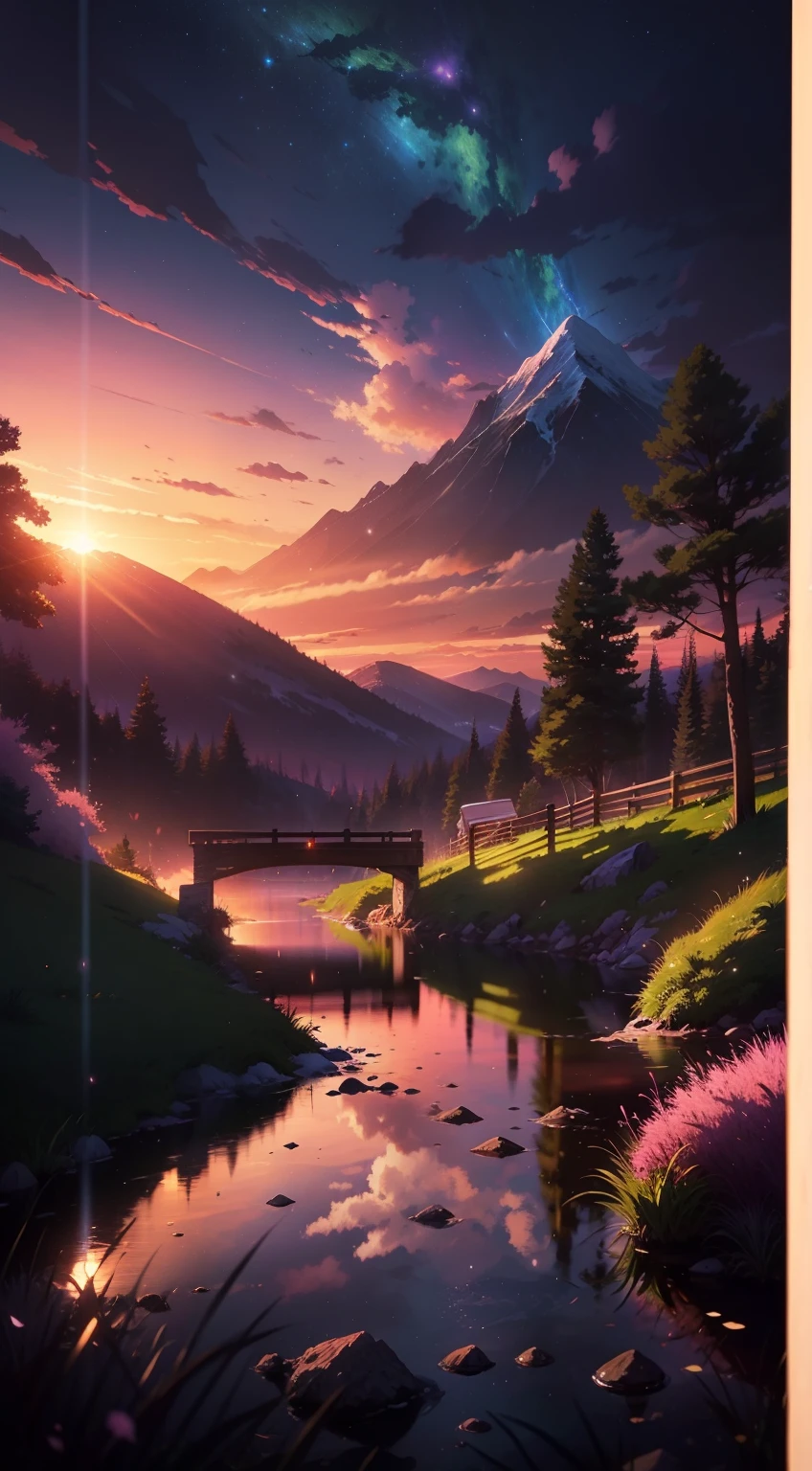 The picture is bright and well lit. no humans. (((Makoto Shinkai style)),pixiv,anime drawing,high quality,pink purple sky,beautiful scene),(universe,train passing,magical realism,((makoto shinkai style)) ::0.8), [Artistic Atmosphere, Atmosphere:0.8, Starry Sky, Hills, Snow Mountain, Sparkling Water, Grass, Trees, Smoke, Stars, Low Angle of View, Specular Scattering,