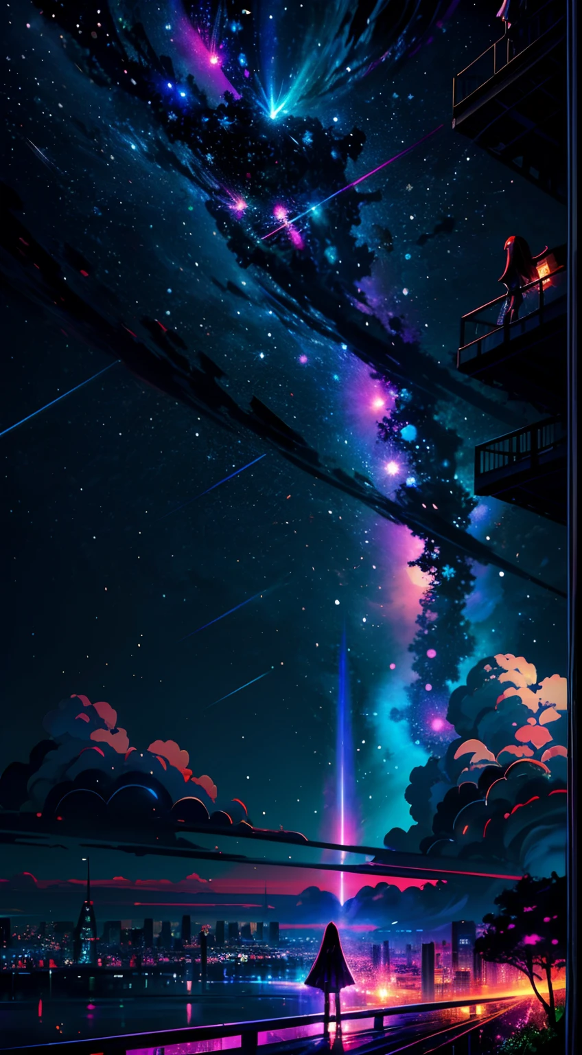 ((Nighttime psychedelic shooting star Sky))、Anime girl looking at big city landscape, futuristic cyber City、 makoto shinkai cyril rolando, anime art wallpaper 8K, anime art wallpaper 8K, Anime art wallpaper 8K, inspired by Cyril Rolando, in the style dan mumford artwork, amazing wallpapers, by Yuumei