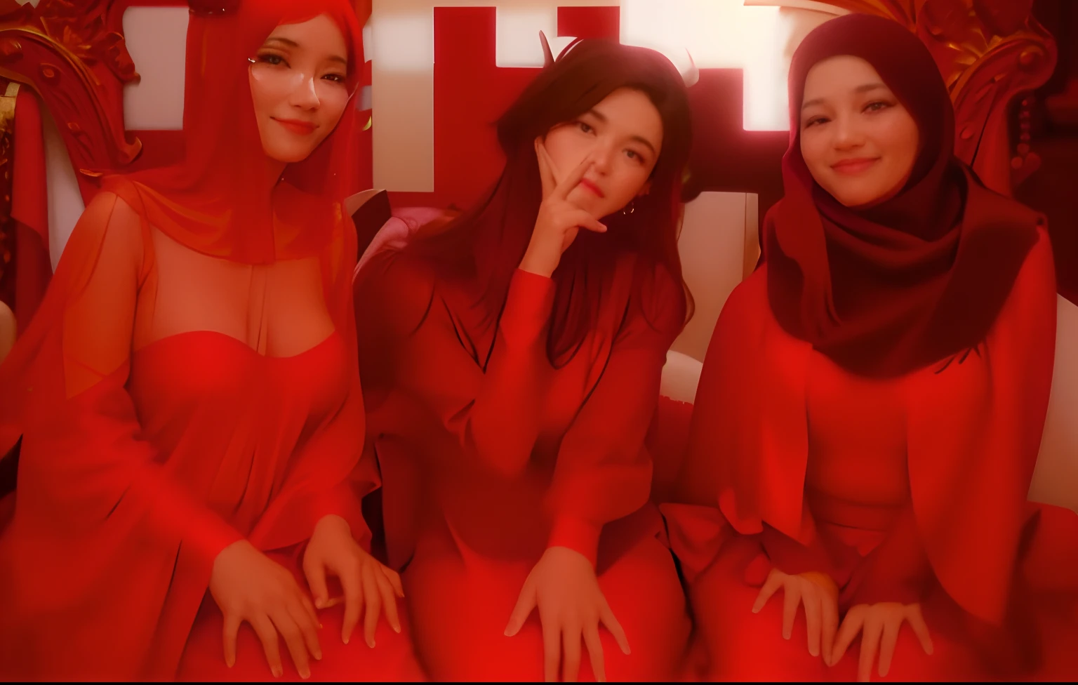 three women in red dresses sitting on a red carpet, leaked photo, leaked, smooth in _ the background, wearing red attire, inspired by Naza, very very low quality picture, desaturated!!, old picture, leaked image, malaysian, student, blurry image, low quality photograph, high quality upload, sss, potrait, non blurry, detailed picture