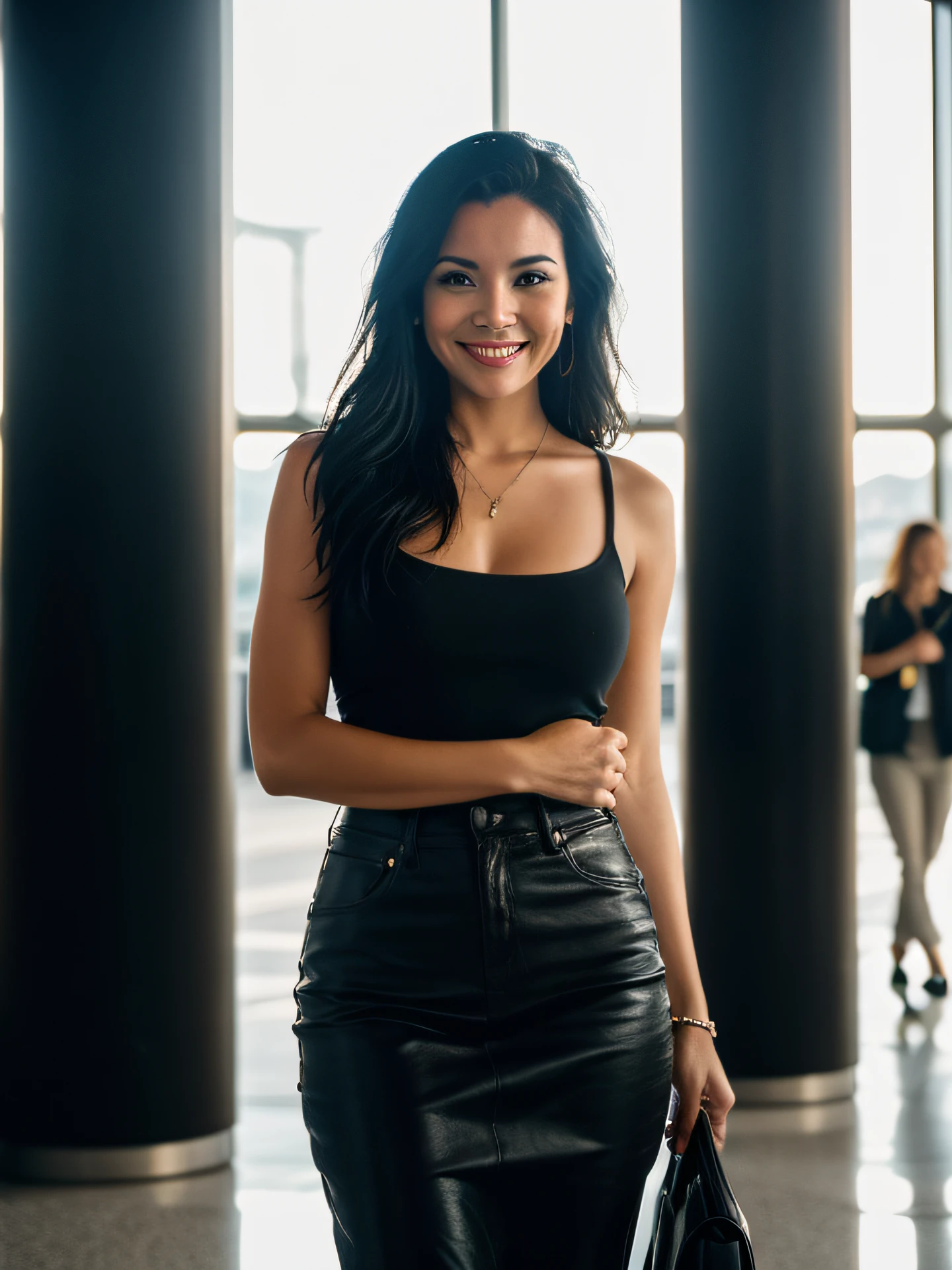 Beautiful woman standing inside of an airport in Monaco. She has long black hair. Woman is smiling with her hands behind her back. Sharp, by Lee Jeffries Nikon D850 film Stock Photography 4 Kodak Portra 400 camera F1.6 Lens Rich Colors Hyper Realistic Texture Dramatic Lighting Trend Unrealengine on ArtStation Cinestill 800