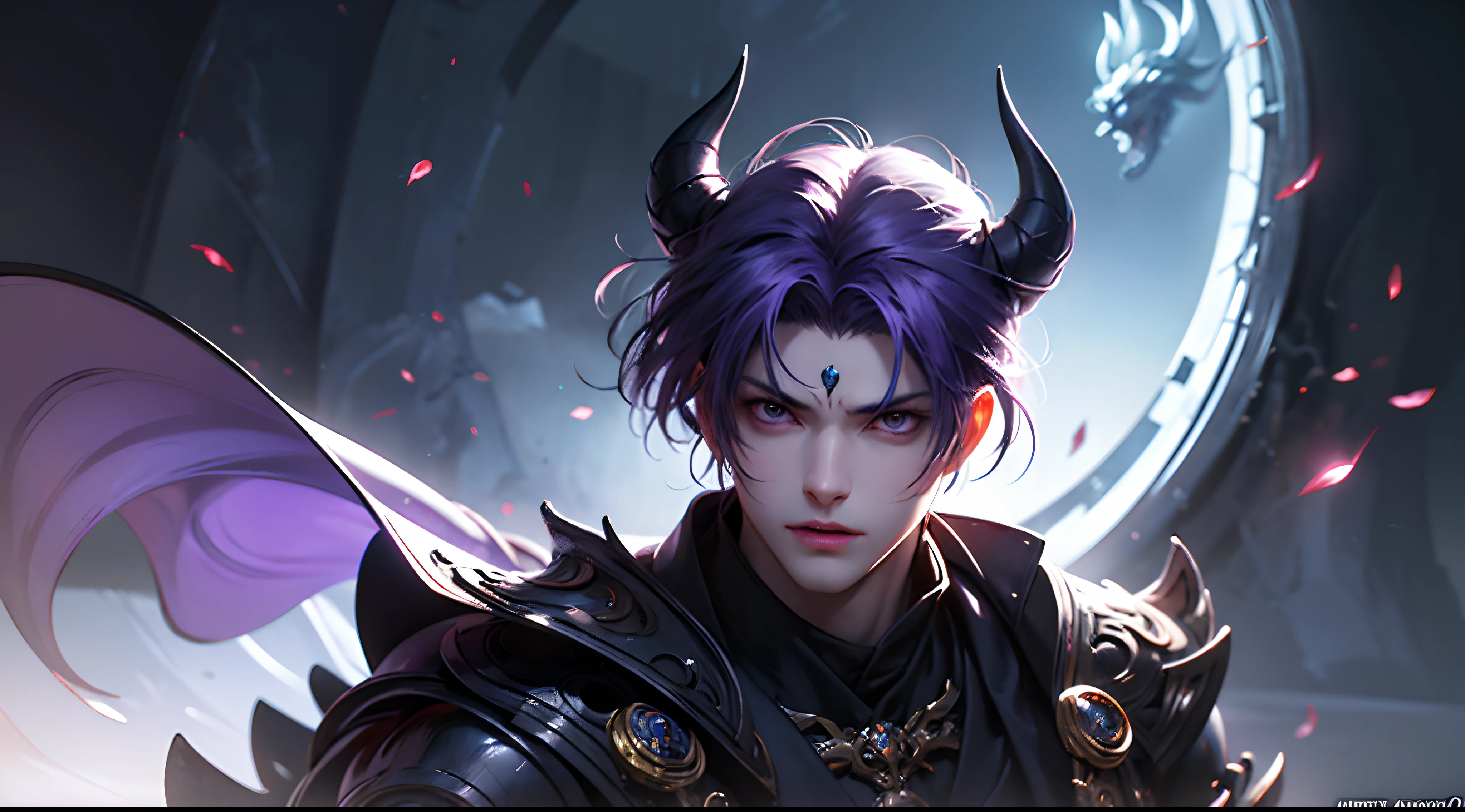 anime character with purple hair and glowing eyes in front of a dark background, handsome guy in demon slayer art, epic fantasy art style, badass anime 8 k, epic fantasy digital art style, detailed digital anime art, human male demon, portrait of hades, epic fantasy art style hd, fierce expression 4k, demon male, extremely detailed artgerm