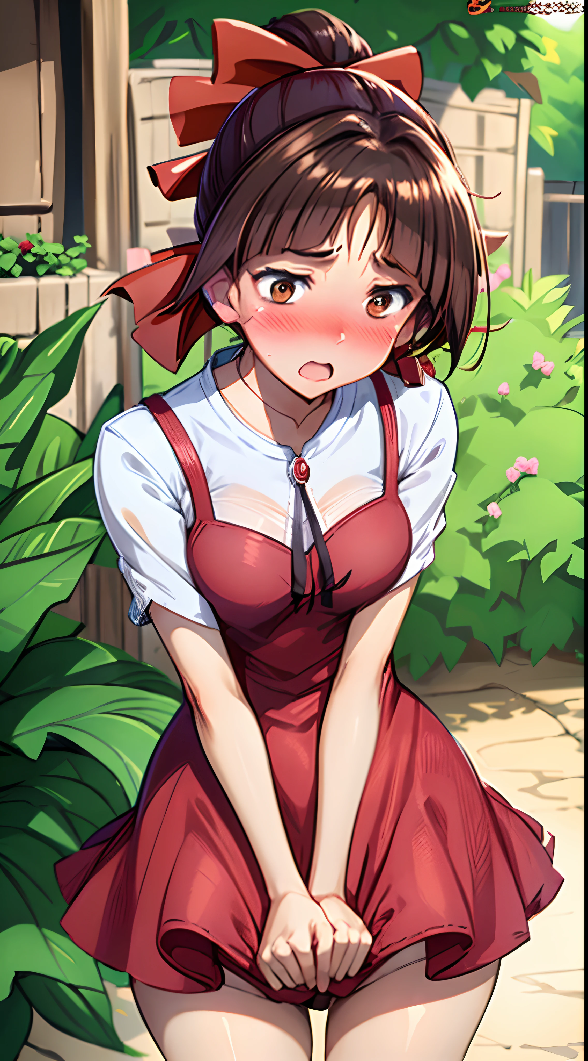 1womanl,Brown hair,Red ribbons ,((Impatient expression)),Beautiful breasts,White shirt,Red dress,well-styled,,(Facing the front)(((Blushing cheeks、embarassed expression)))、