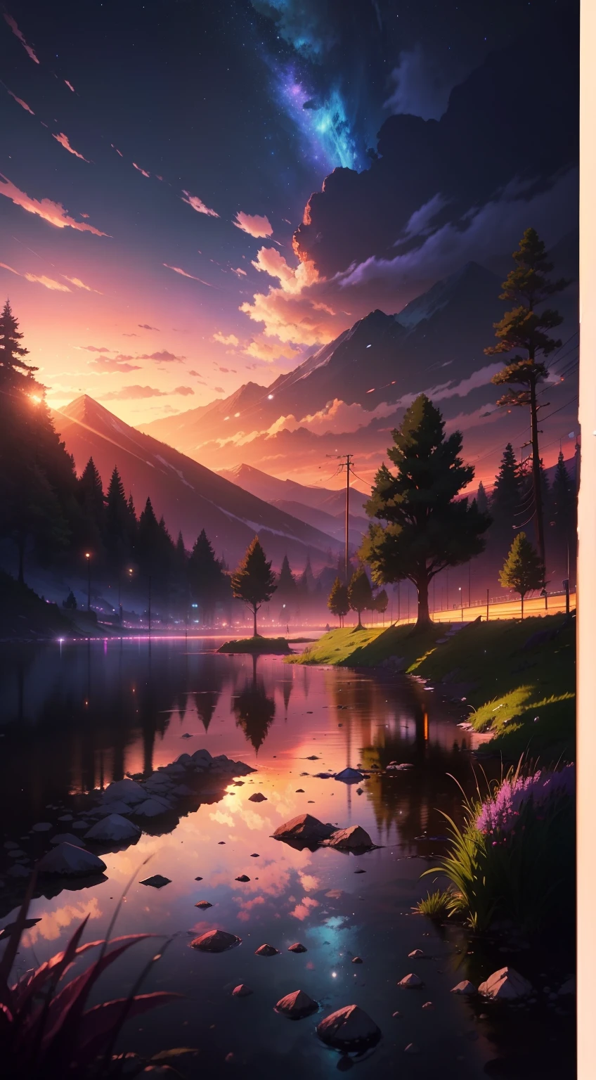 The picture is bright and well lit. no humans. (((Makoto Shinkai style)),pixiv,anime drawing,high quality,pink purple sky,beautiful scene),(universe,train passing,magical realism,((makoto shinkai style)) ::0.8), [Artistic Atmosphere, Atmosphere:0.8, Starry Sky, Hills, Snow Mountain, Sparkling Water, Grass, Trees, Smoke, Stars, Low Angle of View, Specular Scattering,