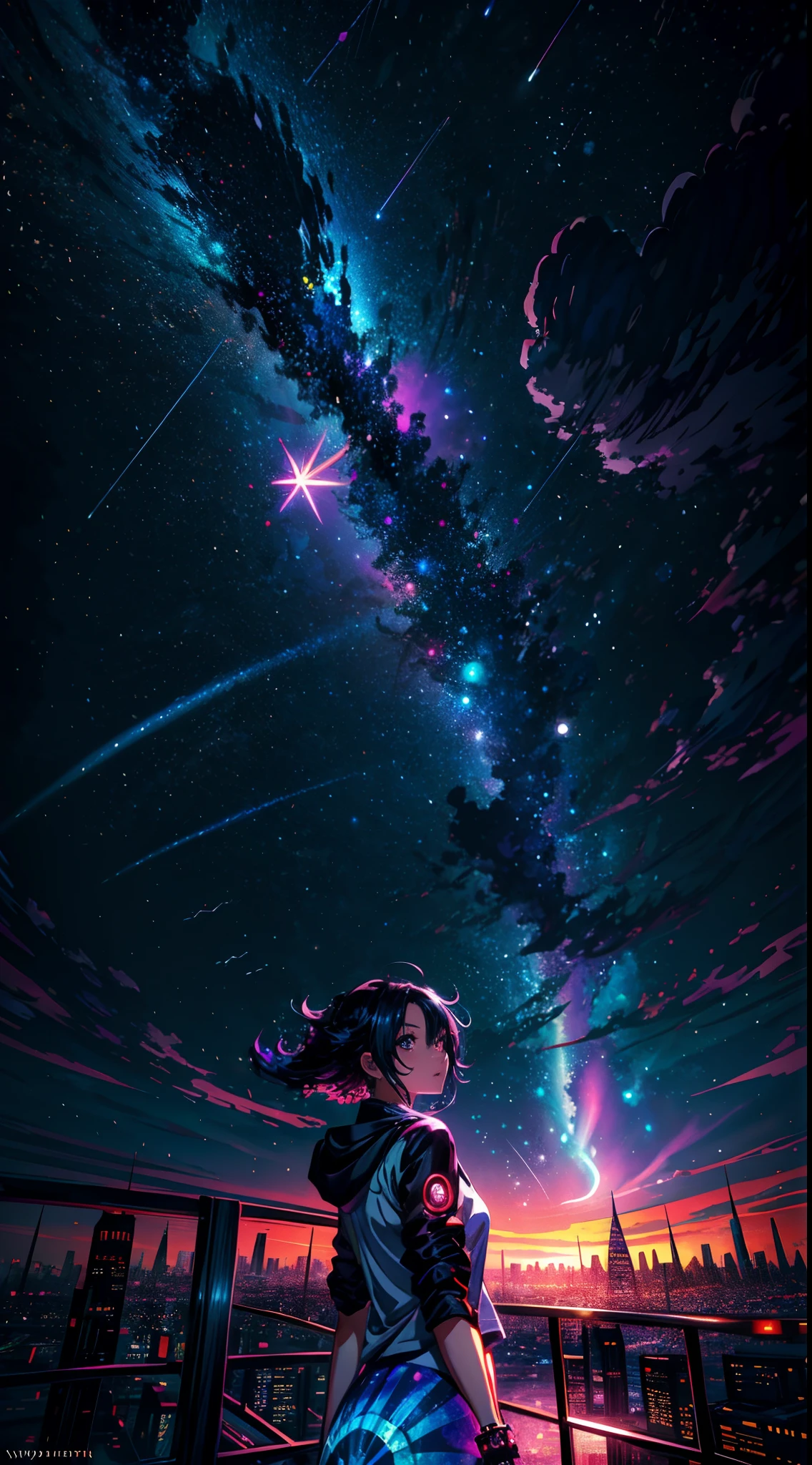 ((Daytime psychedelic shooting star Sky))、Anime girl looking at big city landscape, futuristic cyber City、 makoto shinkai cyril rolando, anime art wallpaper 8K, anime art wallpaper 8K, Anime art wallpaper 8K, inspired by Cyril Rolando, in the style dan mumford artwork, amazing wallpapers, by Yuumei