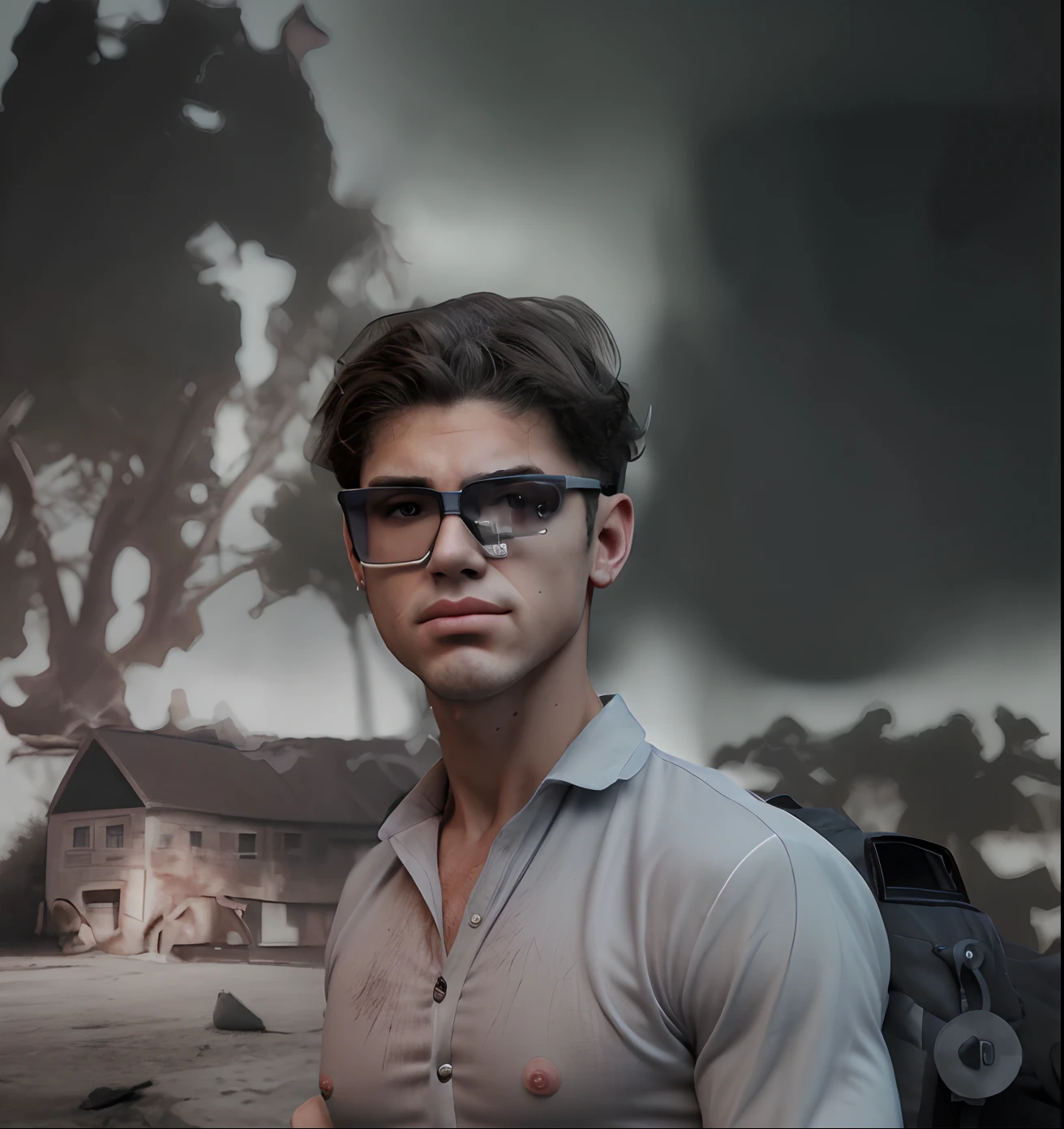 Change background to horror background realistic face change dress to 8k ultra realistic handsome boy fitness