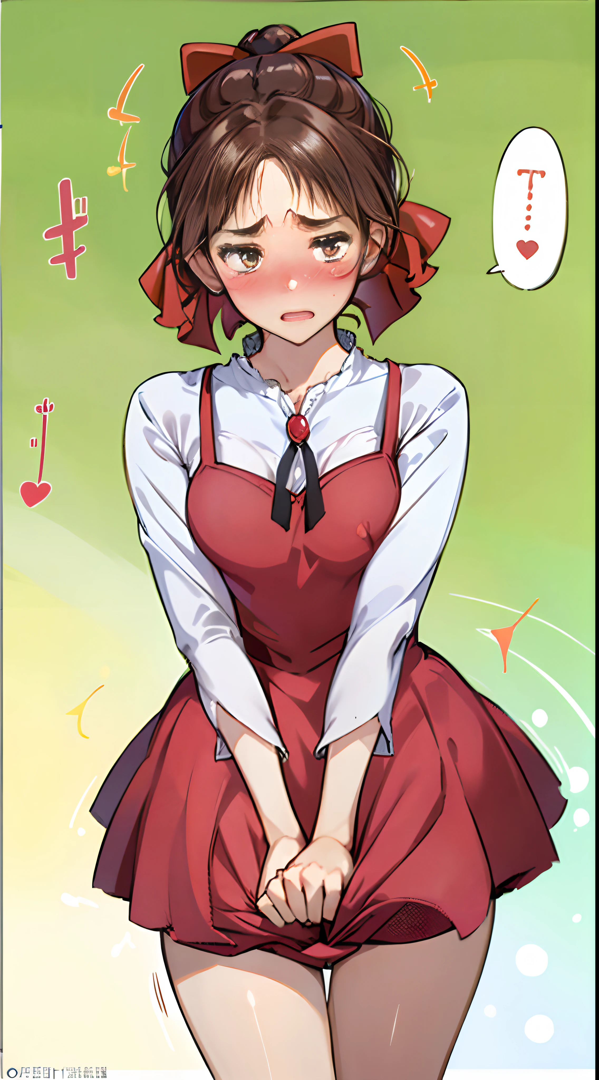 1womanl,Brown hair,Red ribbons ,((())),Beautiful breasts,White shirt,Red Mini Dress,well-styled,,(Facing the front)(((Blushing cheeks and embarrassed expression)))、