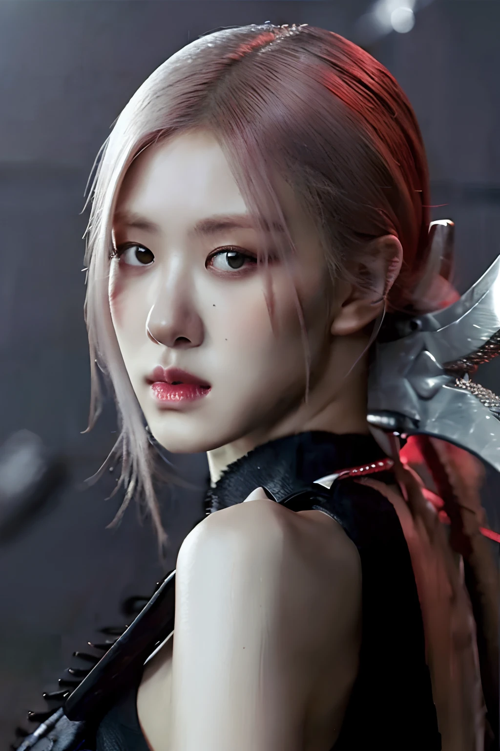 (RAW photo, 4k, realistic, exquisitely detailed skin),masterpiece,best quality,official art,unity 8k wallpaper,ultra detailed,dark scene,low key,soft lighting,cinematic look,high saturation,best anatomy,volumetric fog,a samurai girl,slim body,Perfect hands,cowboy shot,1girl,weapon,sword,long hair,blonde hair,holding,solo,holding weapon,blood,holding sword,arm guards,simple background,blood on weapon,looking at viewer,gray eyes,tabi,floating hair,a little scar on face