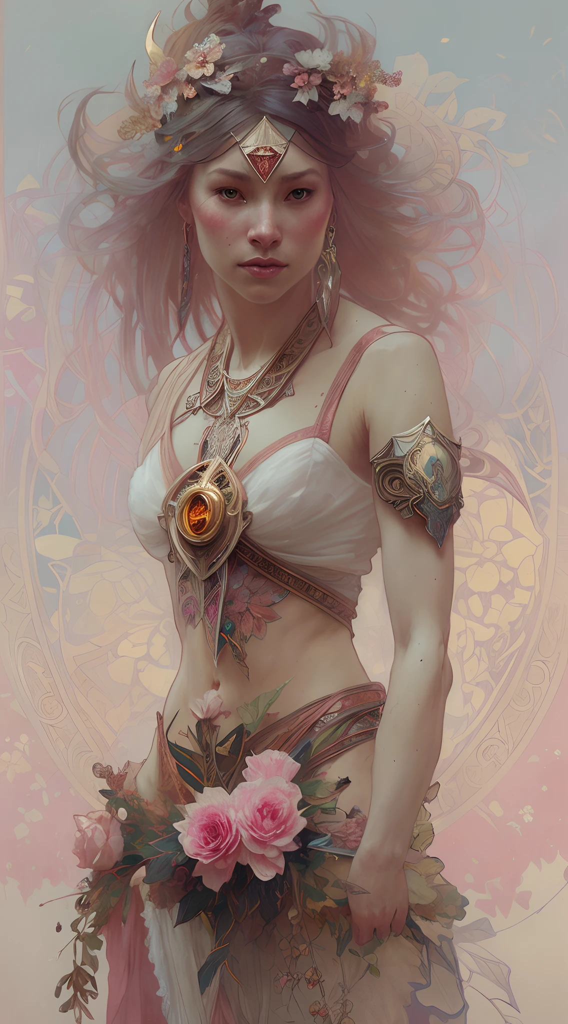 (symmetry: 1.1) (floral portrait: 1.05) a mulatto woman as a FAIRY OF THE FOREST, (assassins creed style: 0.8), pink and gold and opal color scheme, beautiful and intricate filegrid face painting, intricate, elegant, highly detailed, digital painting, art station, concept art, smooth, sharp focus, illustration, art by Greg Rutkowski and Alphonse Mucha, 8K (symmetry: 1.1) (floral portrait: 1.05) a mulatto woman as a FAIRY OF THE FOREST, (assassins creed style: 0.8), pink and gold and opal color scheme, beautiful and intricate filegrid face painting, intricate, elegant, highly detailed, digital painting, art station, concept art, smooth, sharp focus, illustration, art by Greg Rutkowski and Alphonse Mucha, 8K