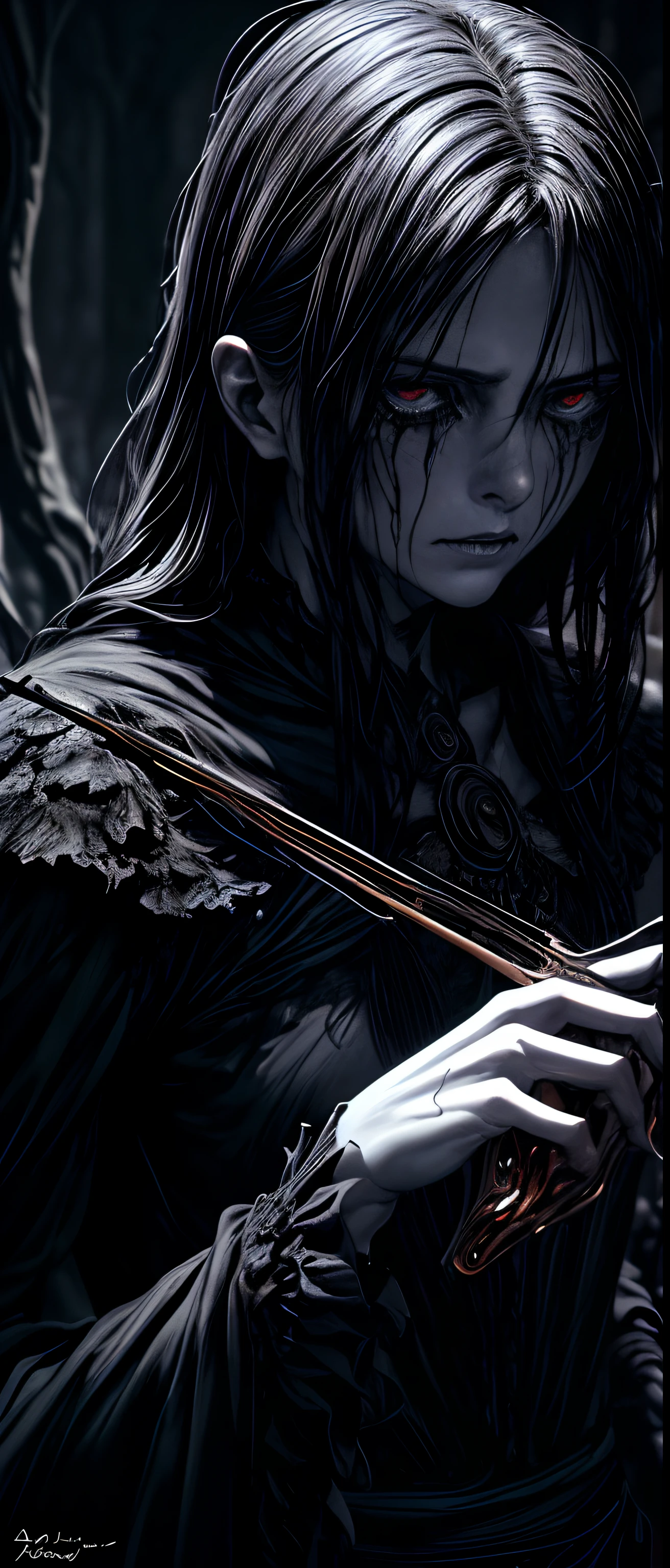 (Best quality,4K,8K,A high resolution,Masterpiece:1.2),Ultra-detailed,(Realistic,Photorealistic,photo-realistic:1.37),Dark room,Alavian character playing the violin,Fantastic violin,Calafra couplet,Black metal music art,Dark but intricate digital art,80s style Thomas Allen curling,(Phantom Violin),Tomasz Alen Kopera and CGsociety,dramatic artwork,Stroven gel,Created by Slawomir Maniak,It exhibits a strange and disturbing atmosphere,Dark style,Dark souls,Expressive music,shining sun, Sexy beautiful woman,Charming and gloomy atmosphere,Dark and mysterious,nightmare,Violent beauty,Haunting melody,Symphony of Darkness,Shadow corners and bright light,Hypnotic performance,Tears of grief,Ominous environment,Elegant and memorable,Blacken notes,A brilliant light in the dark,Bright room,Has an insidious charm,Focus on Arauen's amazing eyes, Evoke emotions through her delicate bow strokes.