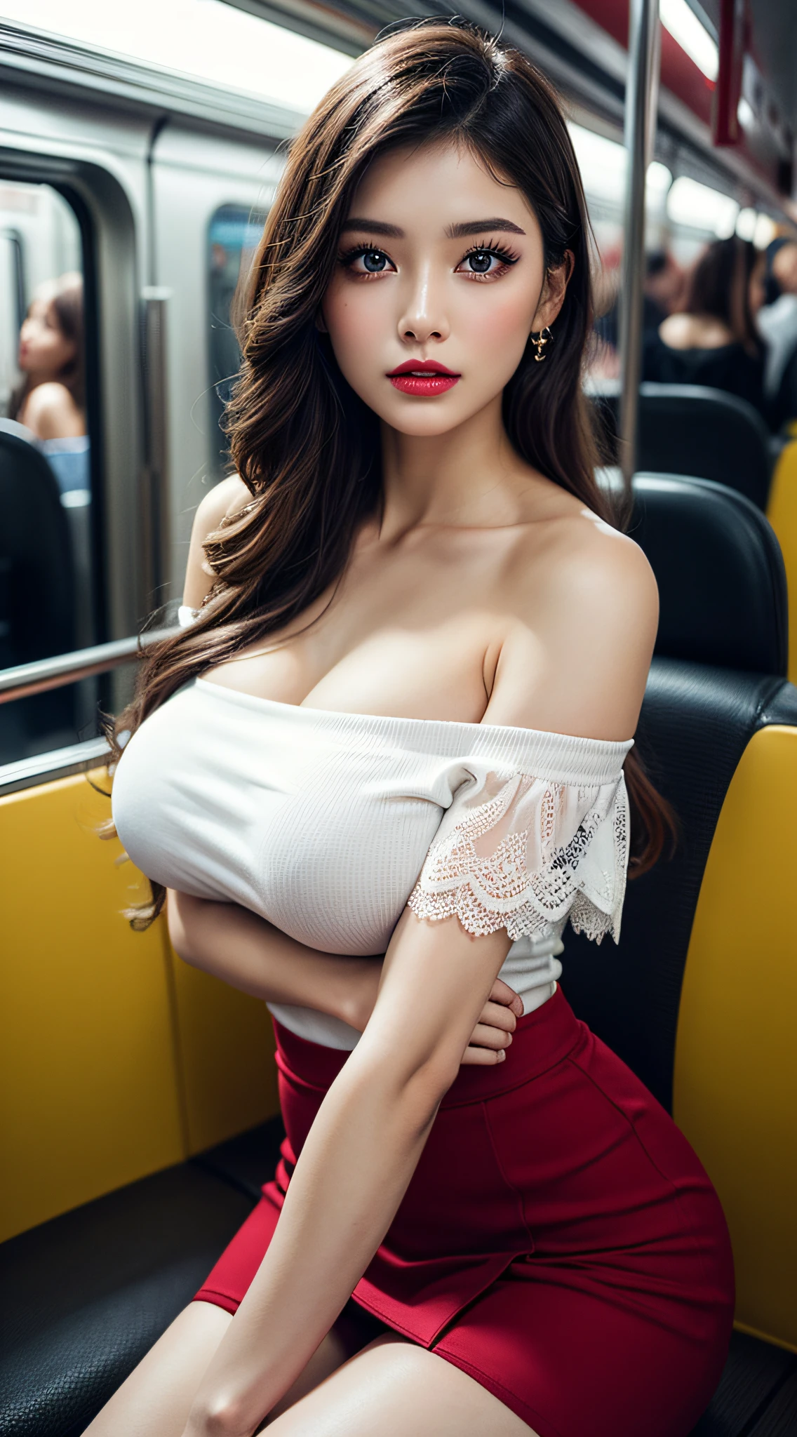 1girl, Beautiful, Amazing face and eyes, makeup, red gloss lips, (extremely detailed beautiful face), (sexiest look), (Beautiful big breasts:1.5), (off shoulder shirt, Tight Skirt, knee high:1.2), (Best Quality:1.4), (Ultra-detailed), (extremely detailed CG unified 8k wallpaper), Highly detailed, RAW Photos, Professional Photography, crowded train, Sitting, (Spread your legs), (lace panties), Scenery like a scene from a movie,